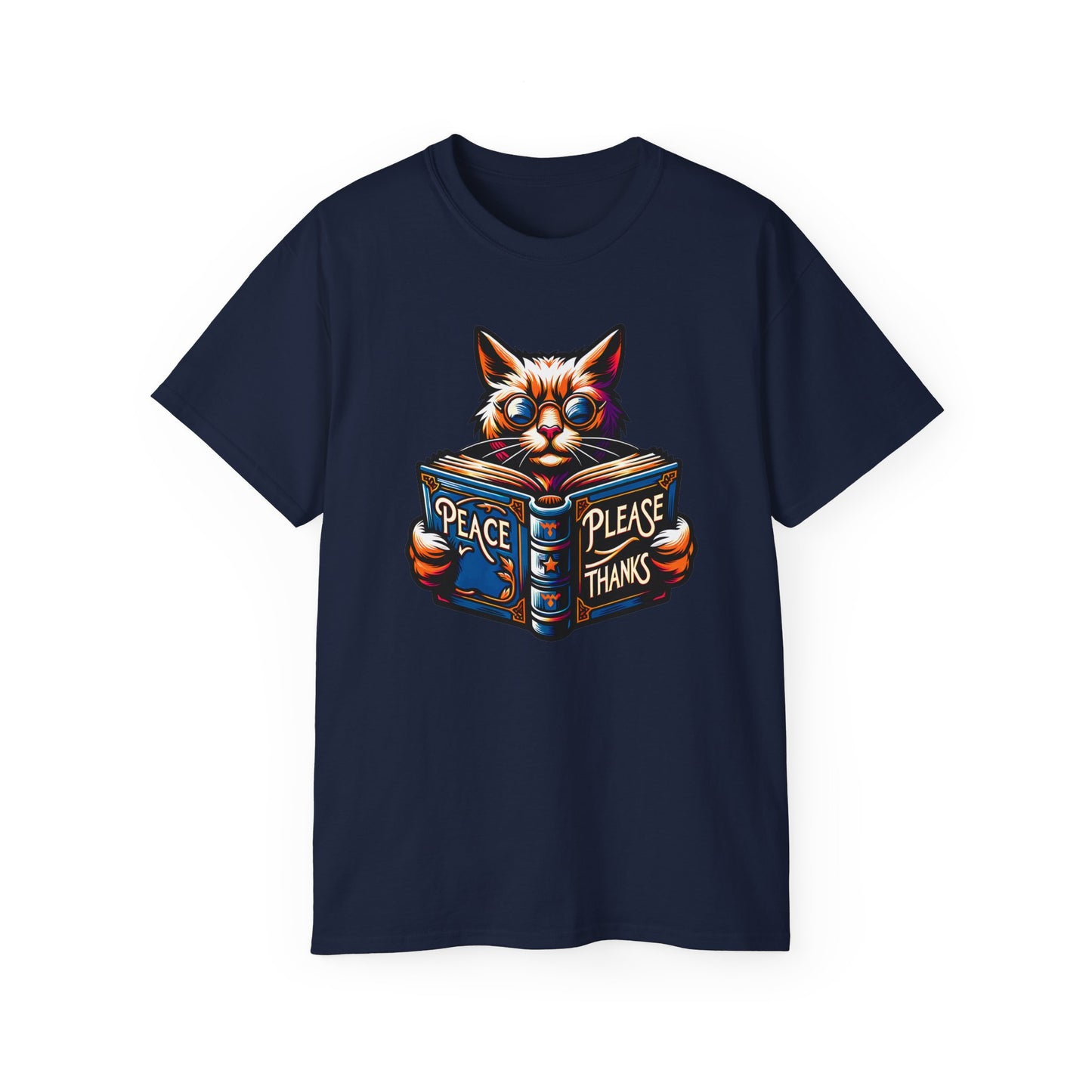 navy Tshirt of Cat, Book, Glasses, Orange fur, Purple background, Blue accents, Ornate design, Peace symbol, Literary theme, Psychedelic colors, Feline wisdom, Inspirational message, Vibrant artwork, Peaceful scene, Animal illustration, Artistic style, Flowing lines, Radiant design, Whimsical image, Intellectual cat, peace please thanks brand