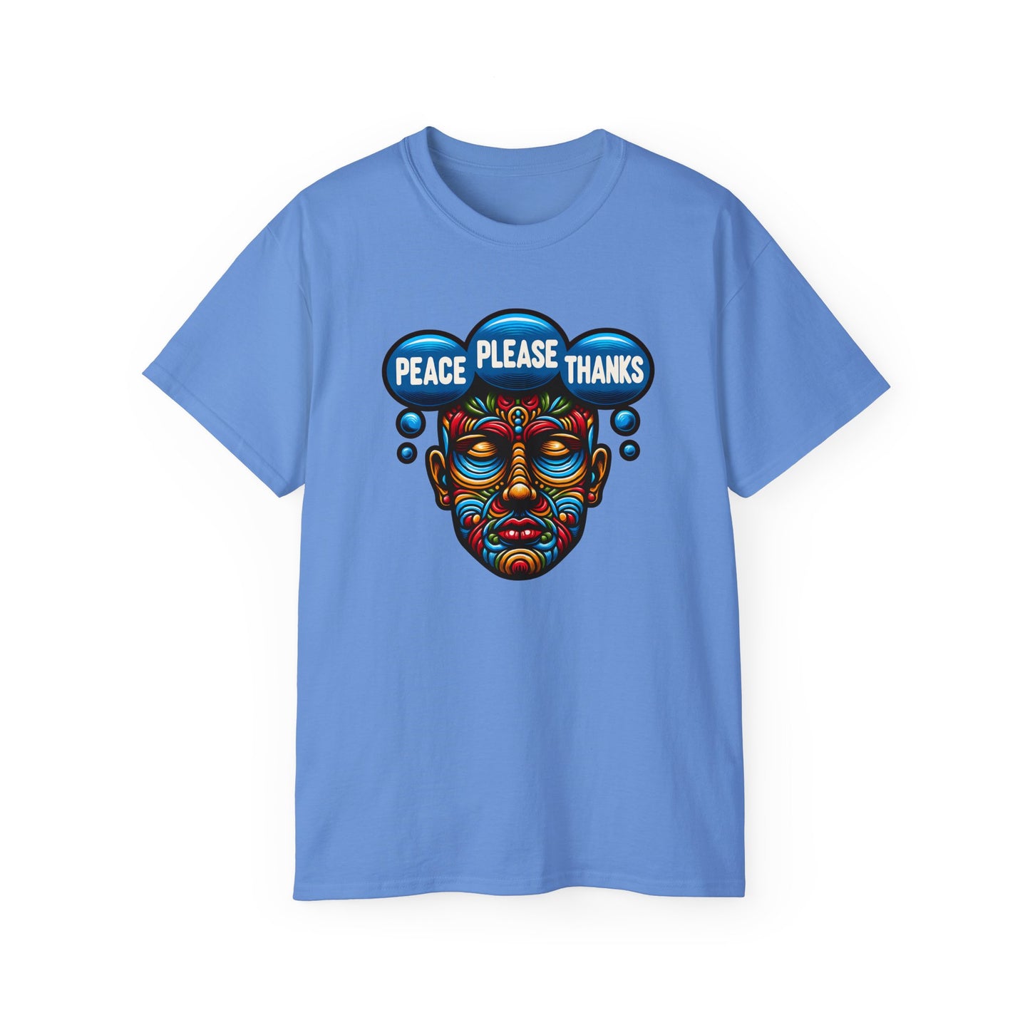 carolina blue Peace Please Thanks unisex t-shirt with an eye-catching colorful face mask design. Inclusive fit featuring psychedelic tribal art in rainbow hues, conveying meditation and positive messaging