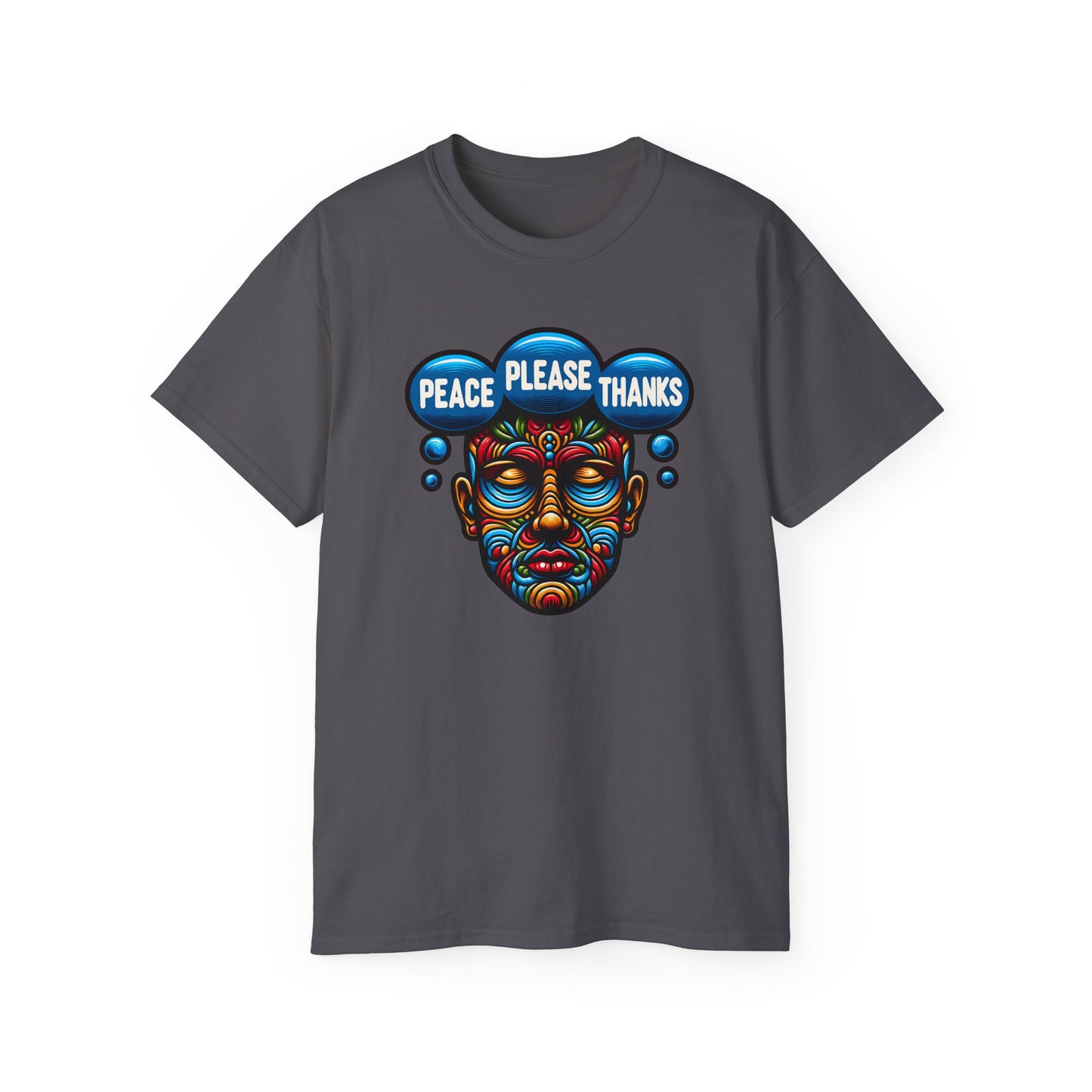 charcoal colored Peace Please Thanks unisex t-shirt with an eye-catching colorful face mask design. Inclusive fit featuring psychedelic tribal art in rainbow hues, conveying meditation and positive messaging