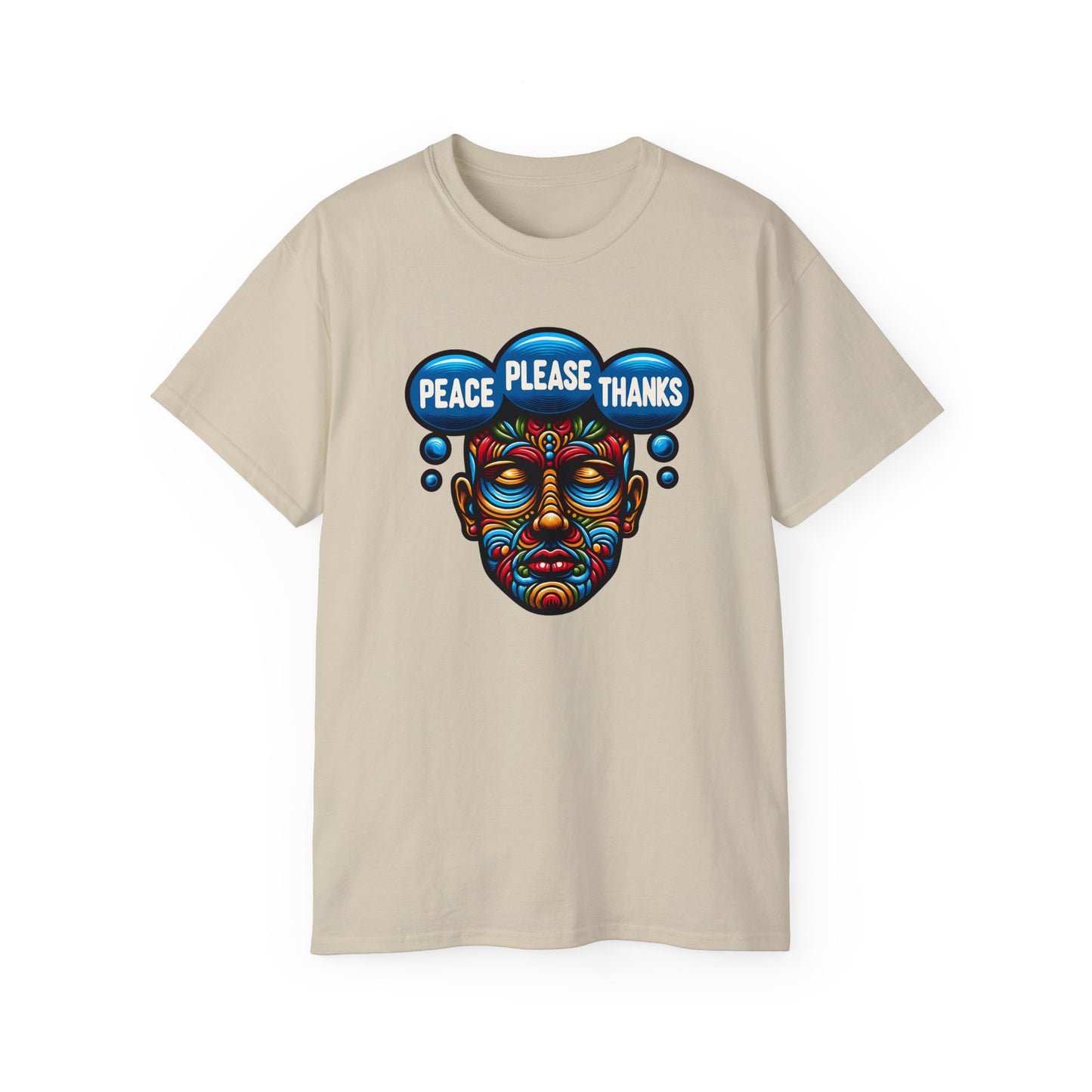 sand colored Peace Please Thanks unisex t-shirt with an eye-catching colorful face mask design. Inclusive fit featuring psychedelic tribal art in rainbow hues, conveying meditation and positive messaging