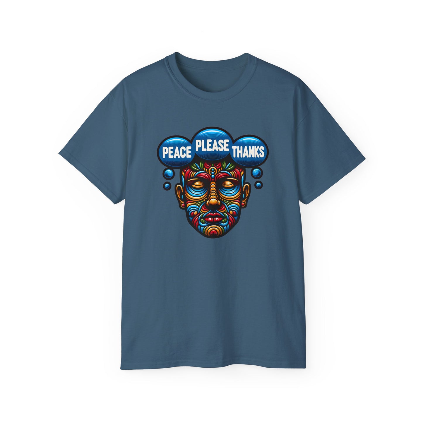 indigo blue Peace Please Thanks unisex t-shirt with an eye-catching colorful face mask design. Inclusive fit featuring psychedelic tribal art in rainbow hues, conveying meditation and positive messaging