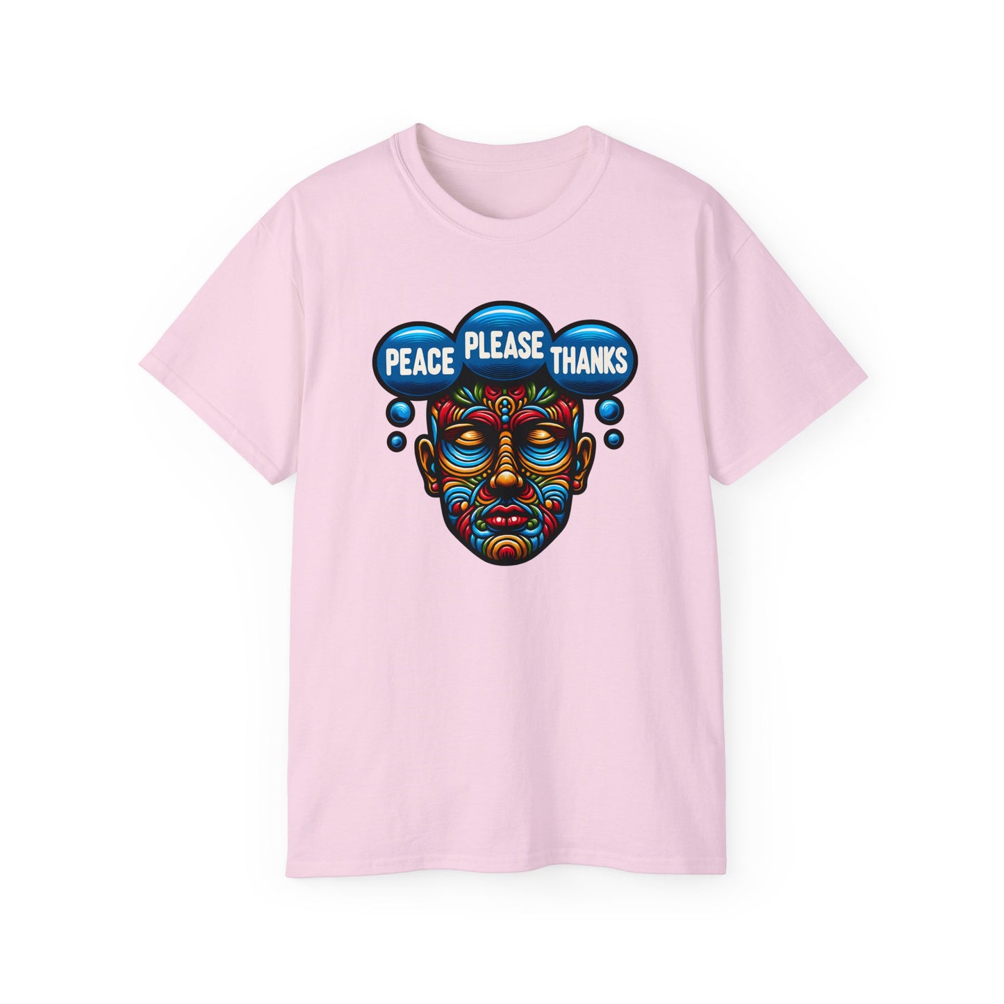 light pink Peace Please Thanks unisex t-shirt with an eye-catching colorful face mask design. Inclusive fit featuring psychedelic tribal art in rainbow hues, conveying meditation and positive messaging