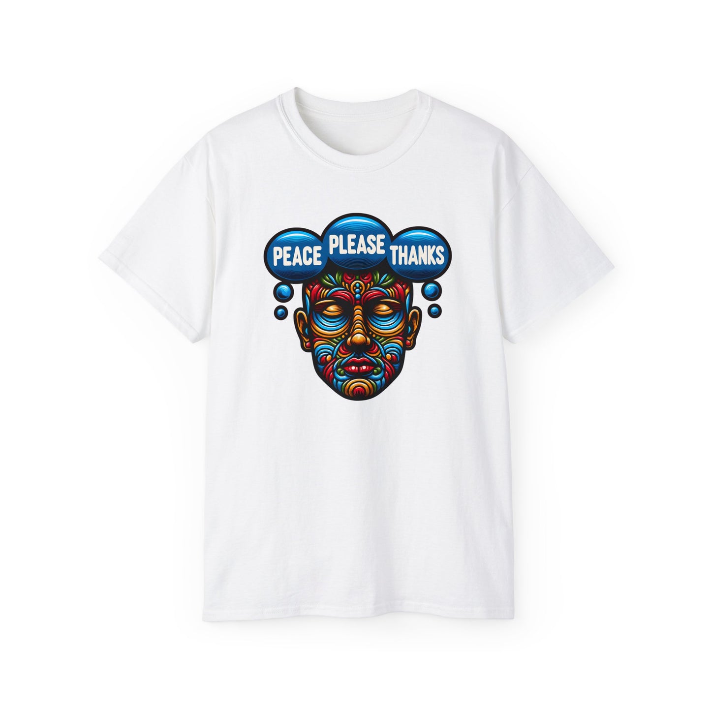 white Peace Please Thanks unisex t-shirt with an eye-catching colorful face mask design. Inclusive fit featuring psychedelic tribal art in rainbow hues, conveying meditation and positive messaging