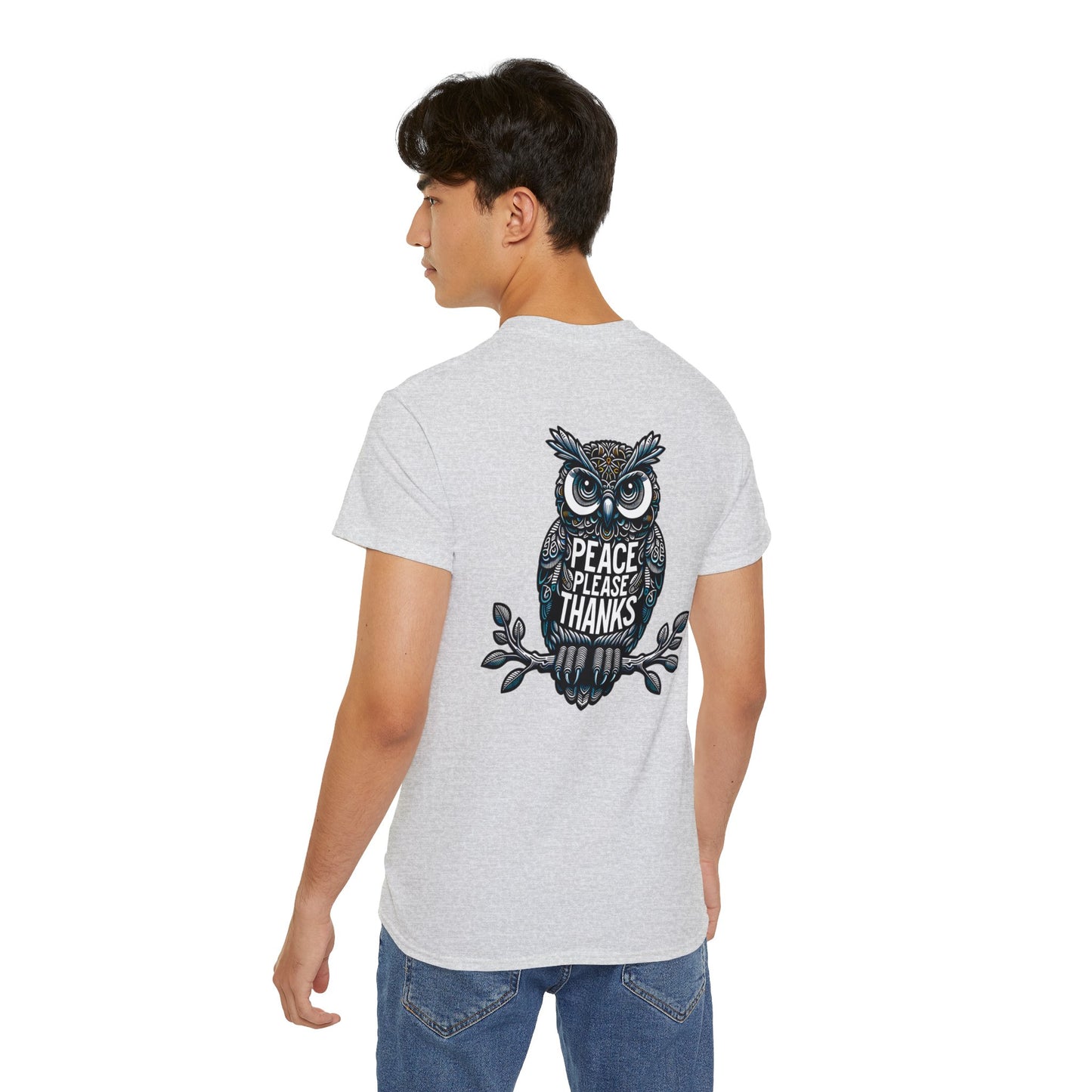 male model with ash Unisex T-shirt Reflective owl illustration with 'Peace Please Thanks' message, showcasing intricate linework and subtle color highlights