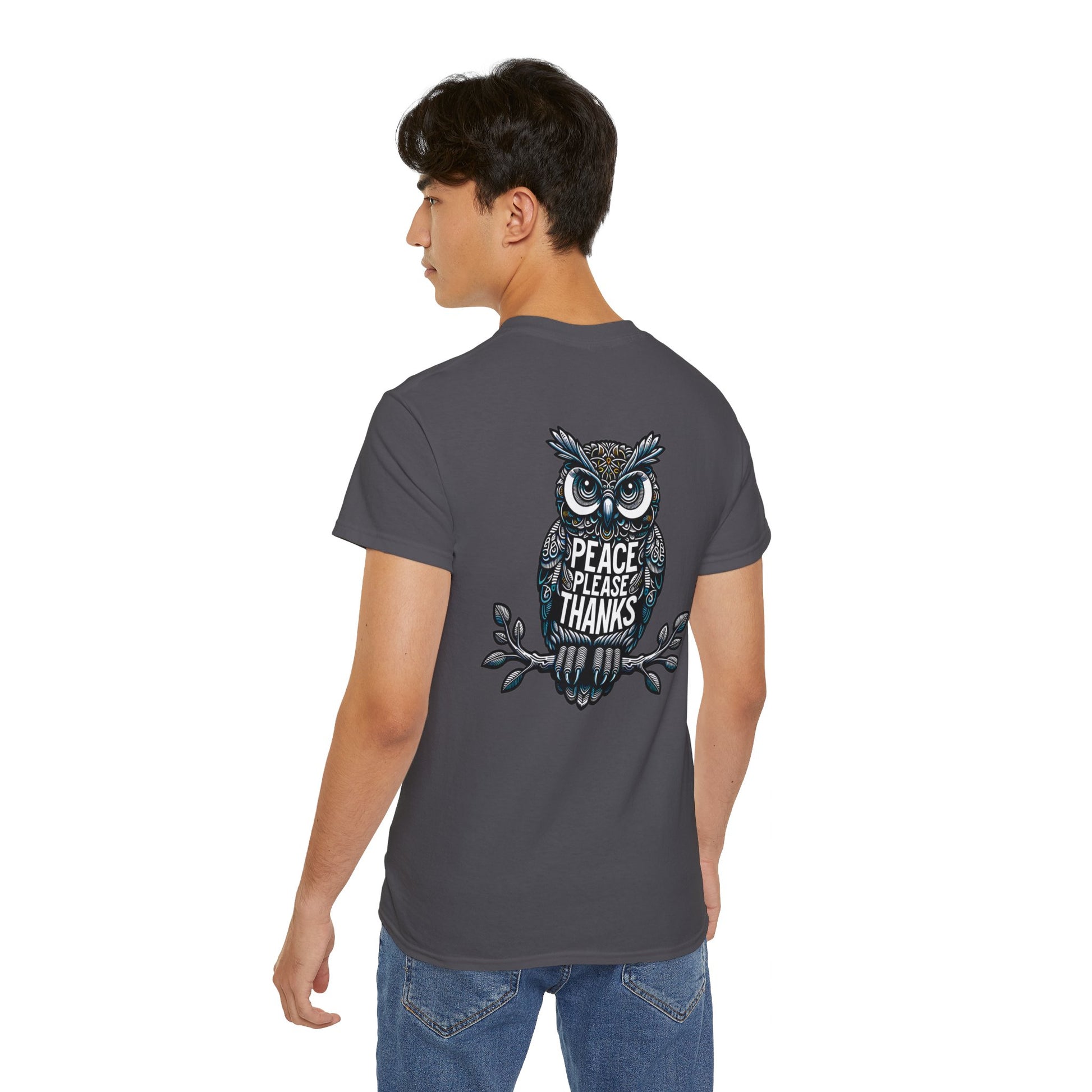 male model with charcoal Unisex T-shirt Reflective owl illustration with 'Peace Please Thanks' message, showcasing intricate linework and subtle color highlights