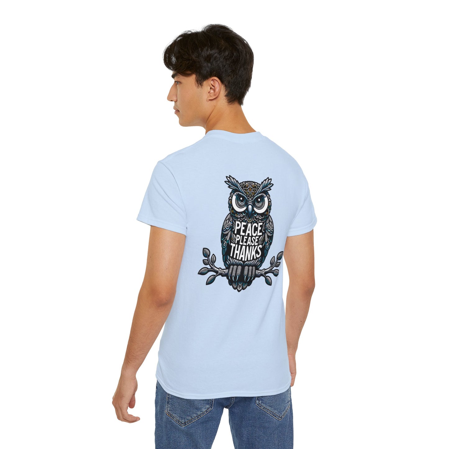 male model with light blue Unisex T-shirt Reflective owl illustration with 'Peace Please Thanks' message, showcasing intricate linework and subtle color highlights