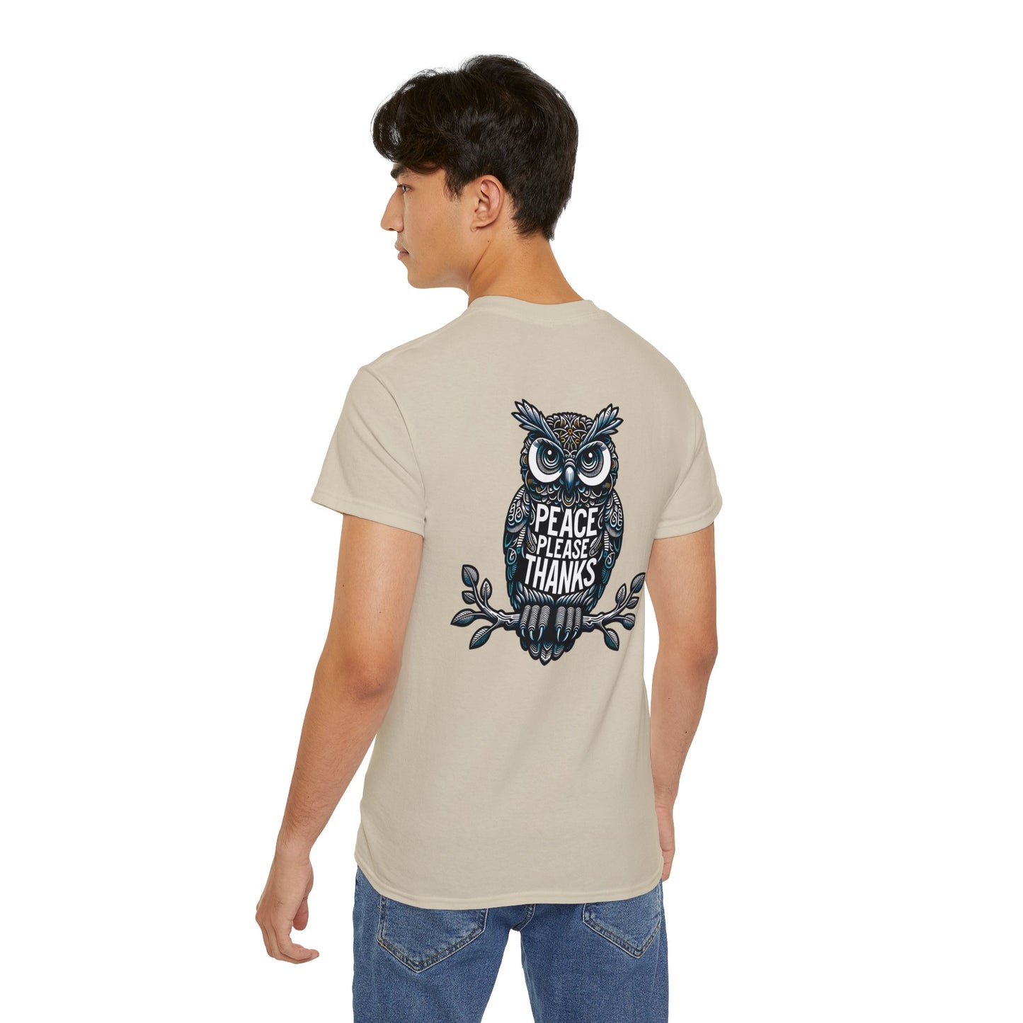 male model with sand  Unisex T-shirt Reflective owl illustration with 'Peace Please Thanks' message, showcasing intricate linework and subtle color highlights