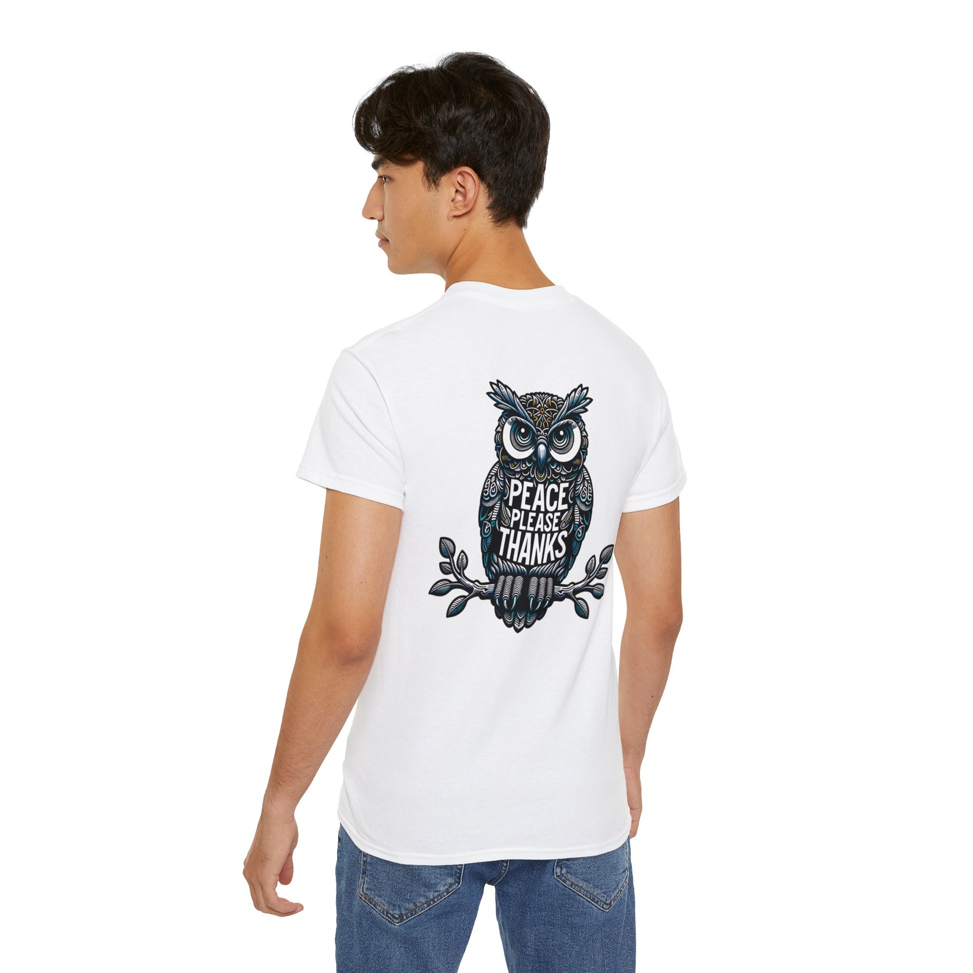 male model with white Unisex T-shirt Reflective owl illustration with 'Peace Please Thanks' message, showcasing intricate linework and subtle color highlights