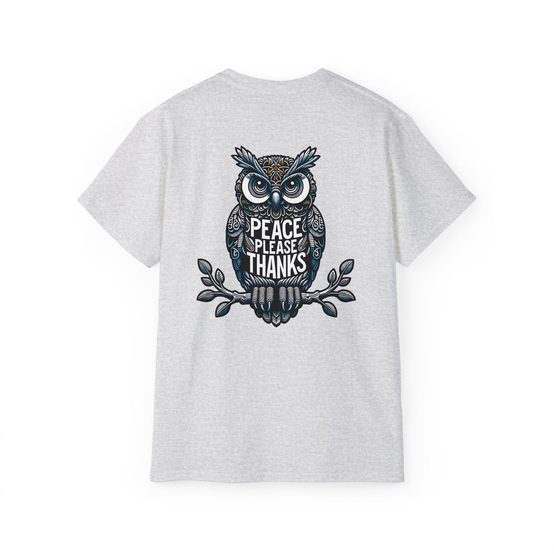 ash Unisex T-shirt Reflective owl illustration with 'Peace Please Thanks' message, showcasing intricate linework and subtle color highlights