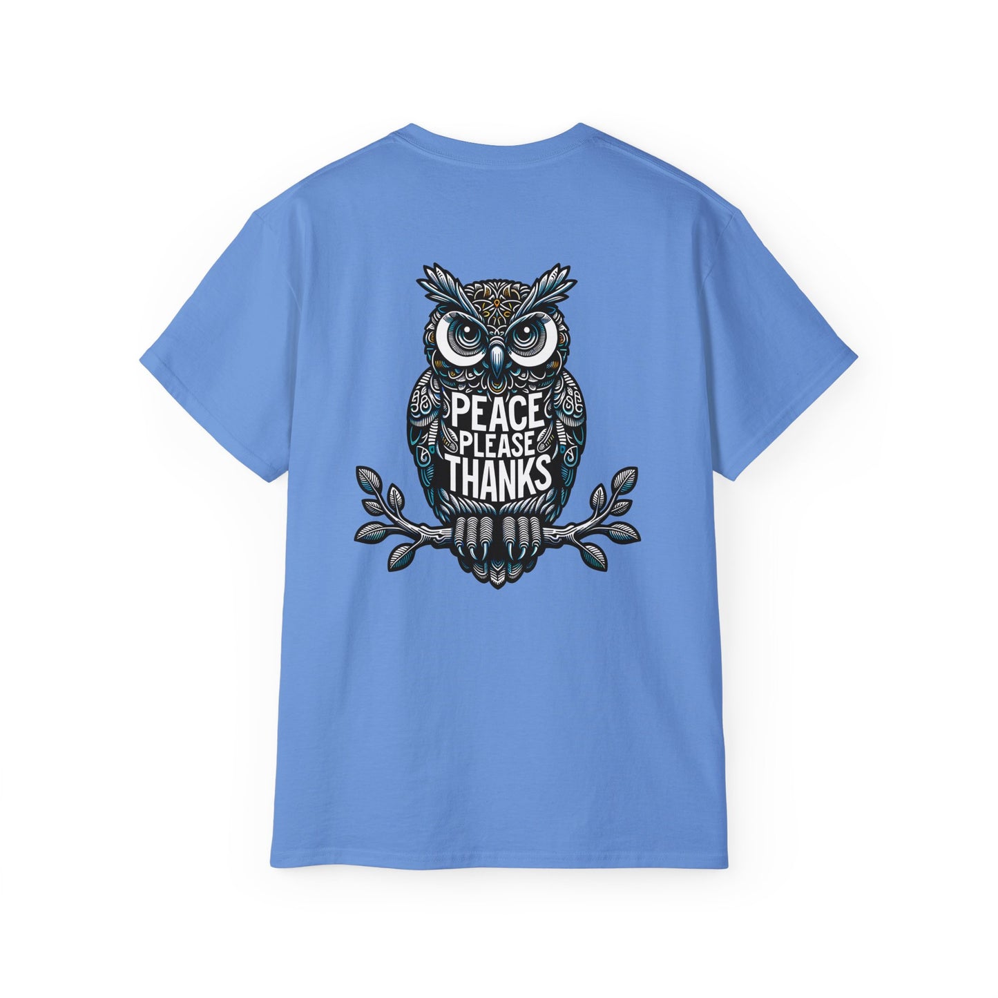 carolina blue Unisex T-shirt Reflective owl illustration with 'Peace Please Thanks' message, showcasing intricate linework and subtle color highlights