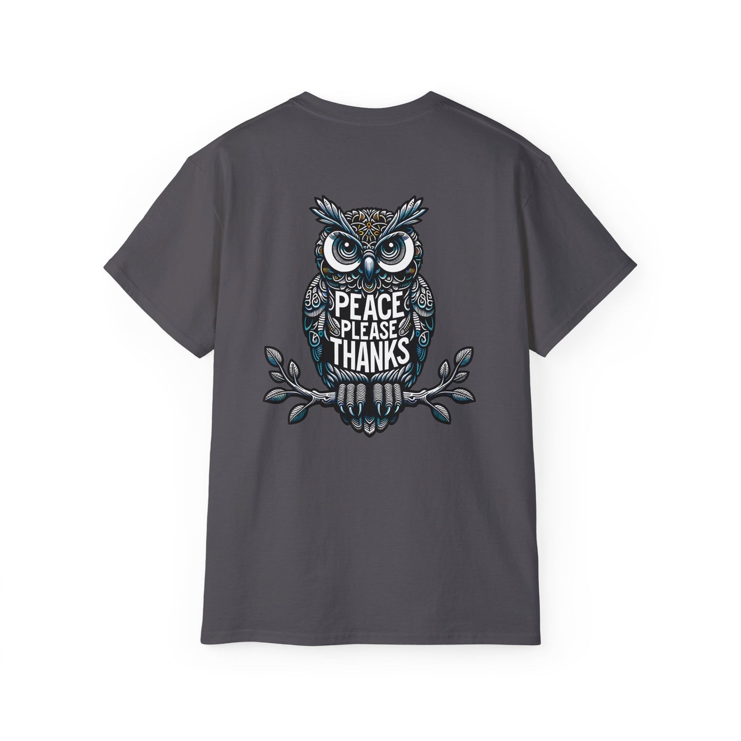 charcoal  Unisex T-shirt Reflective owl illustration with 'Peace Please Thanks' message, showcasing intricate linework and subtle color highlights