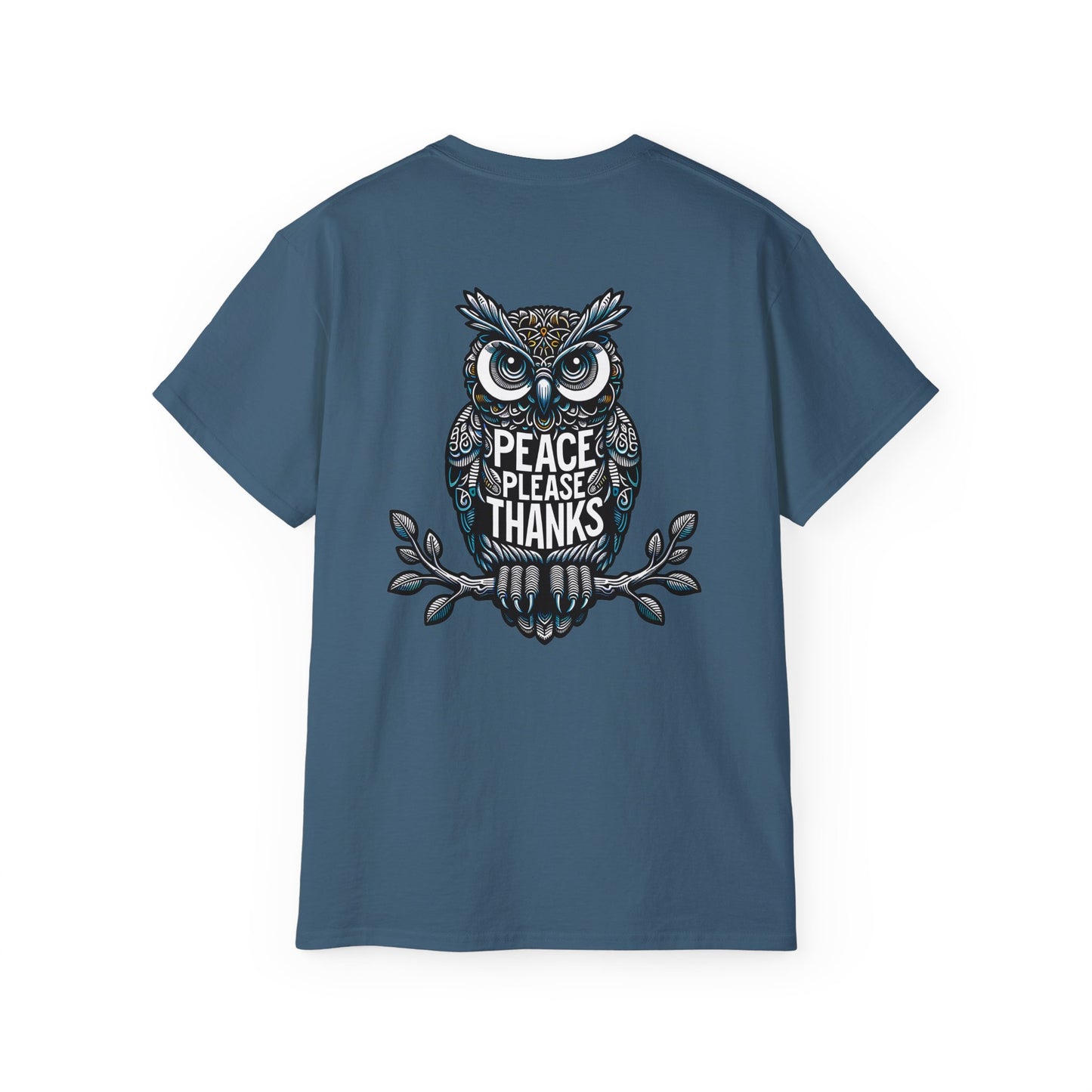 indigo blue Unisex T-shirt Reflective owl illustration with 'Peace Please Thanks' message, showcasing intricate linework and subtle color highlights