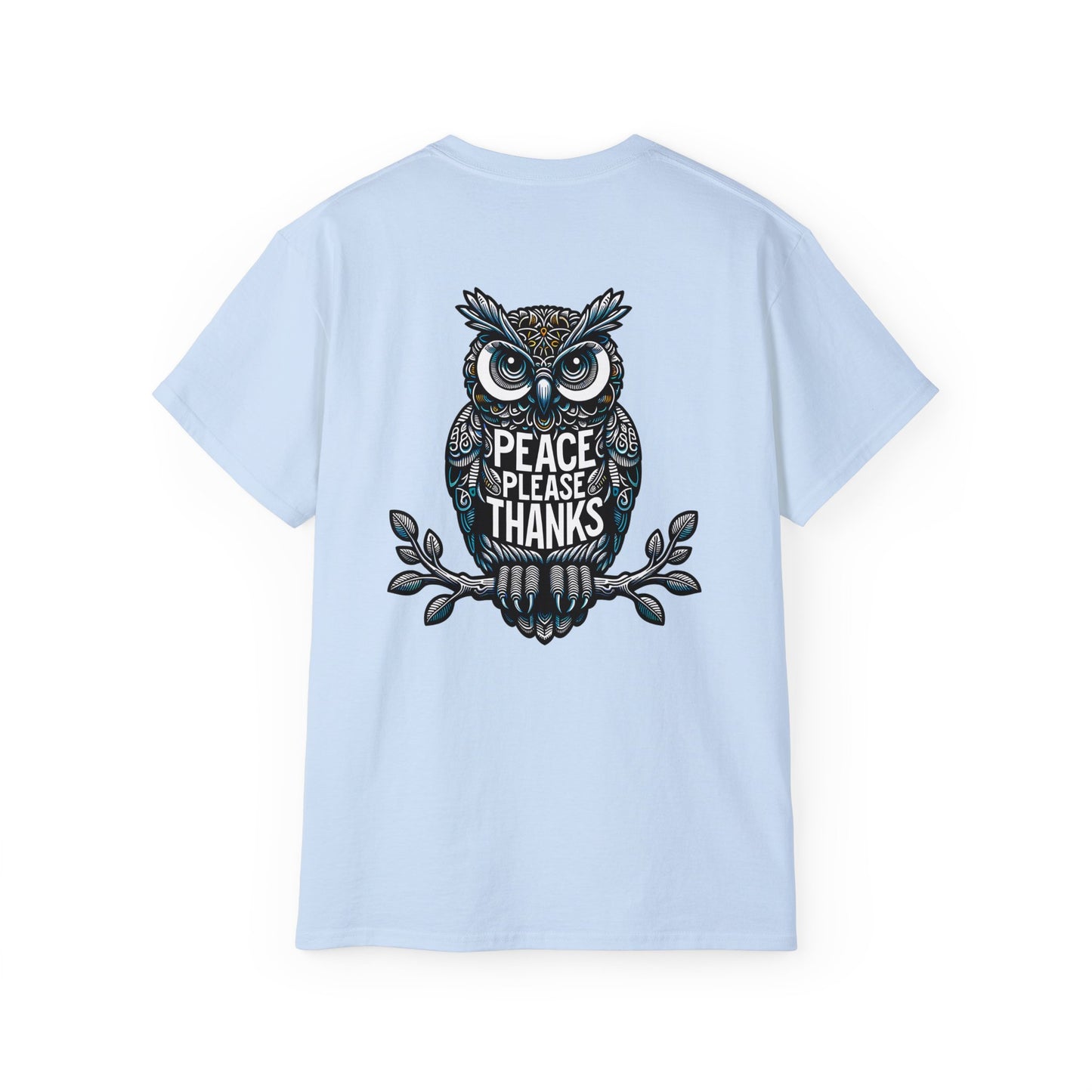 light blue Unisex T-shirt Reflective owl illustration with 'Peace Please Thanks' message, showcasing intricate linework and subtle color highlights