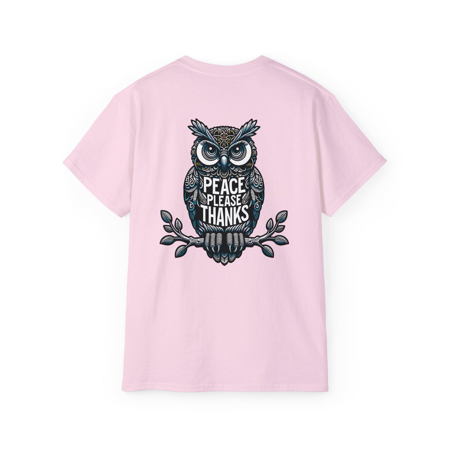 light pink Unisex T-shirt:Reflective owl illustration with 'Peace Please Thanks' message, showcasing intricate linework and subtle color highlights