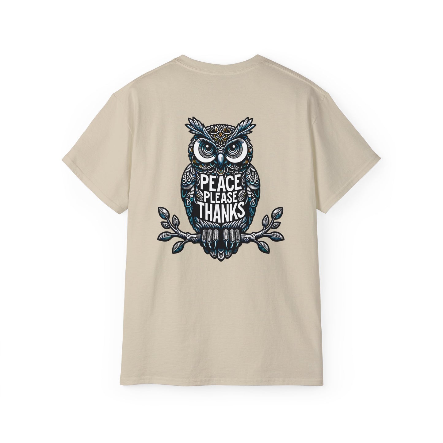 sand  Unisex T-shirt Reflective owl illustration with 'Peace Please Thanks' message, showcasing intricate linework and subtle color highlights