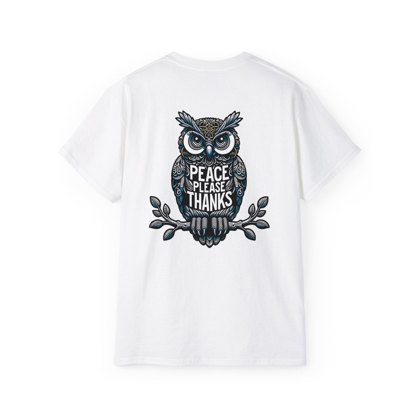 white Unisex T-shirt Reflective owl illustration with 'Peace Please Thanks' message, showcasing intricate linework and subtle color highlights