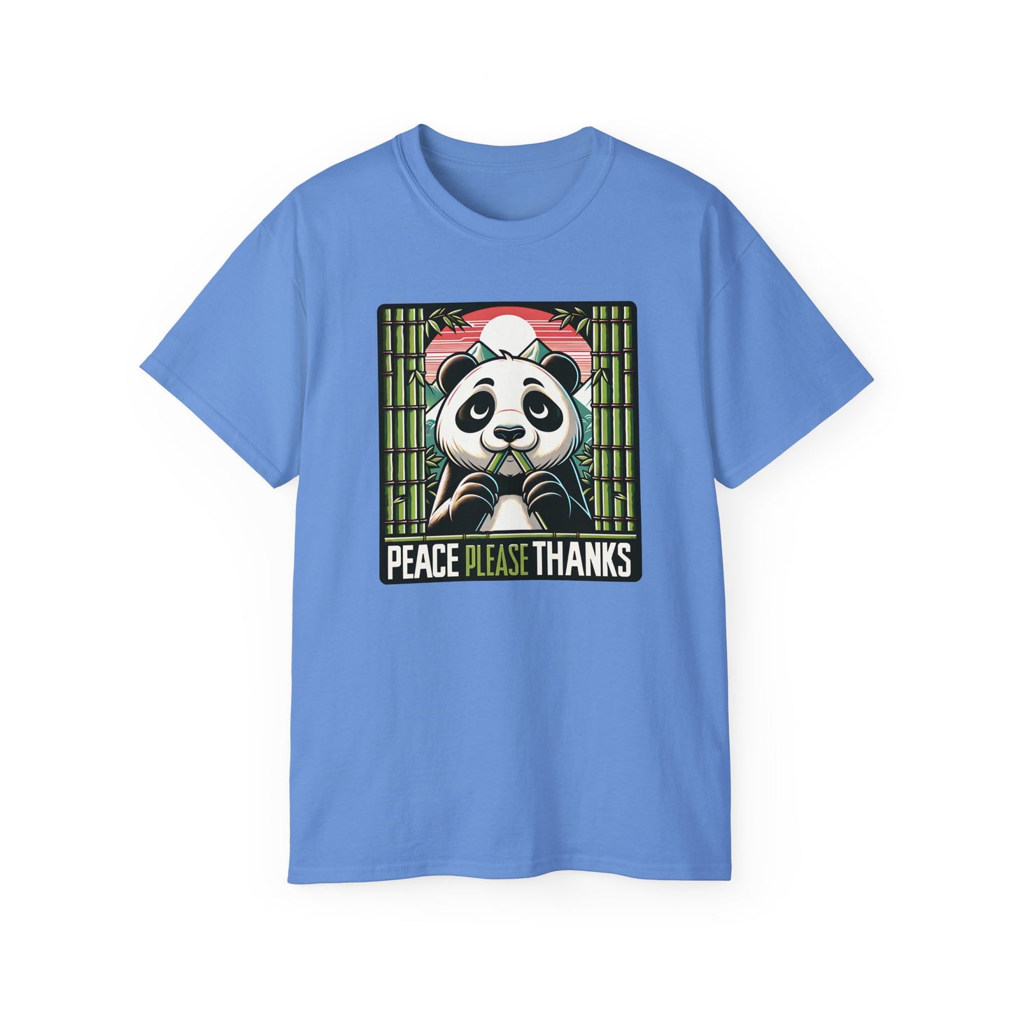 Carolina blue Unisex T-shirt with Wildlife conservation themed panda artwork with 'Peace Please Thanks' text, bamboo, and mountain elements