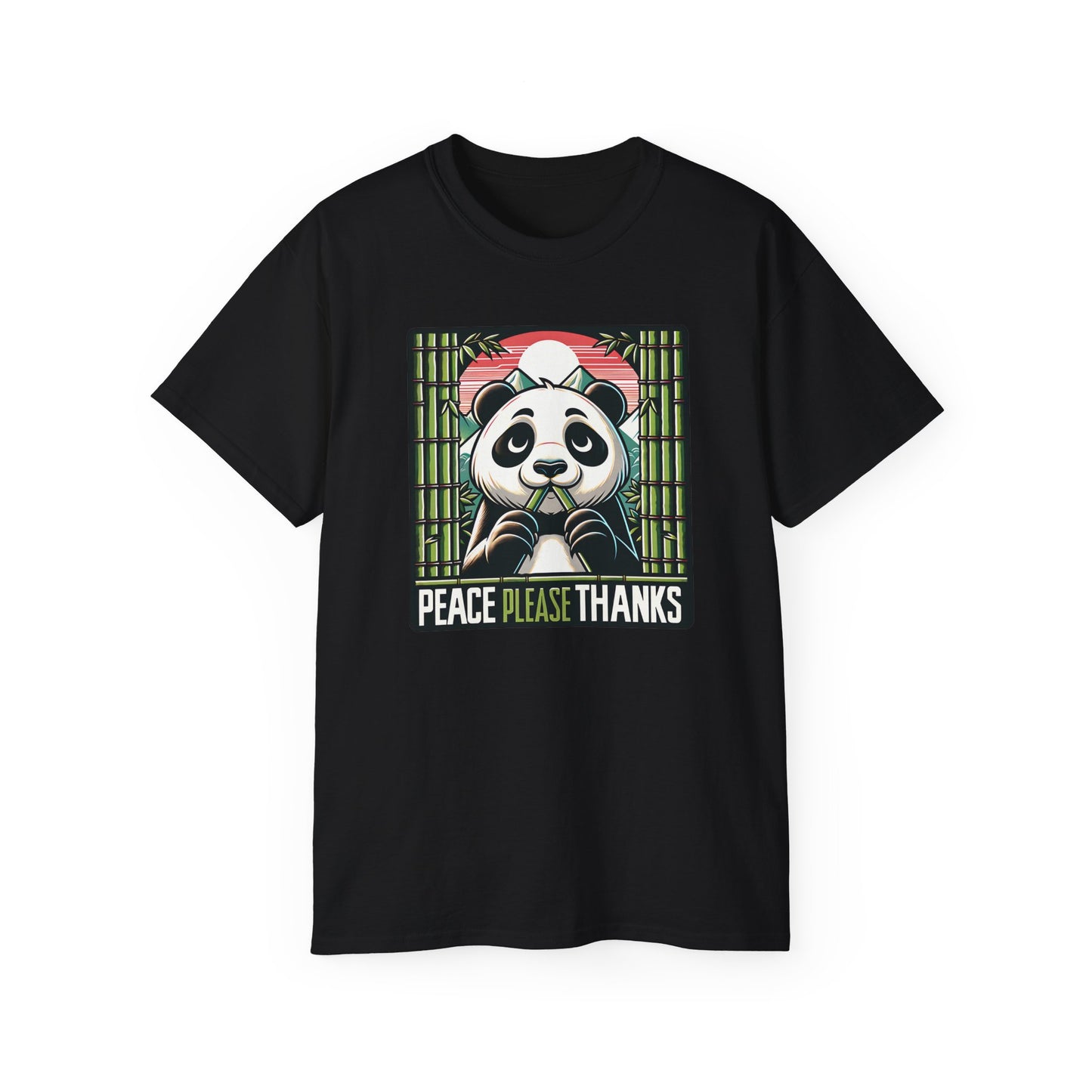 Black colored unisex T-shirt with Wildlife conservation themed panda artwork with 'Peace Please Thanks' text, bamboo, and mountain elements