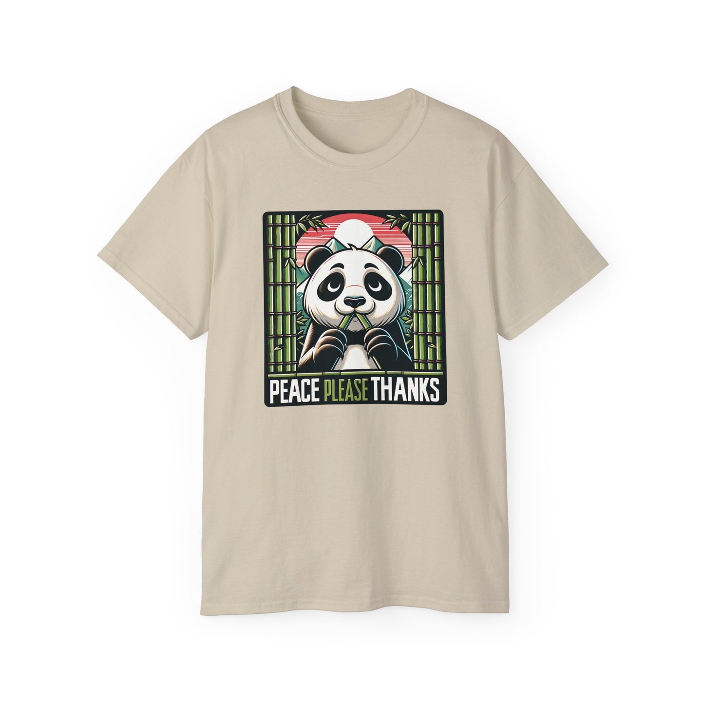 Sand colored Unisex T-shirt with Wildlife conservation themed panda artwork with 'Peace Please Thanks' text, bamboo, and mountain elements