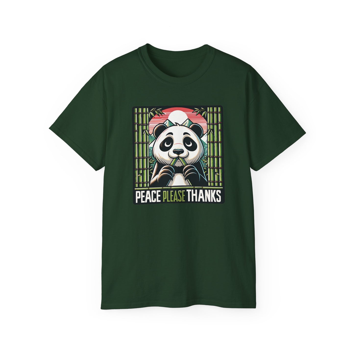 Forest green Unisex T-shirt with Wildlife conservation themed panda artwork with 'Peace Please Thanks' text, bamboo, and mountain elements