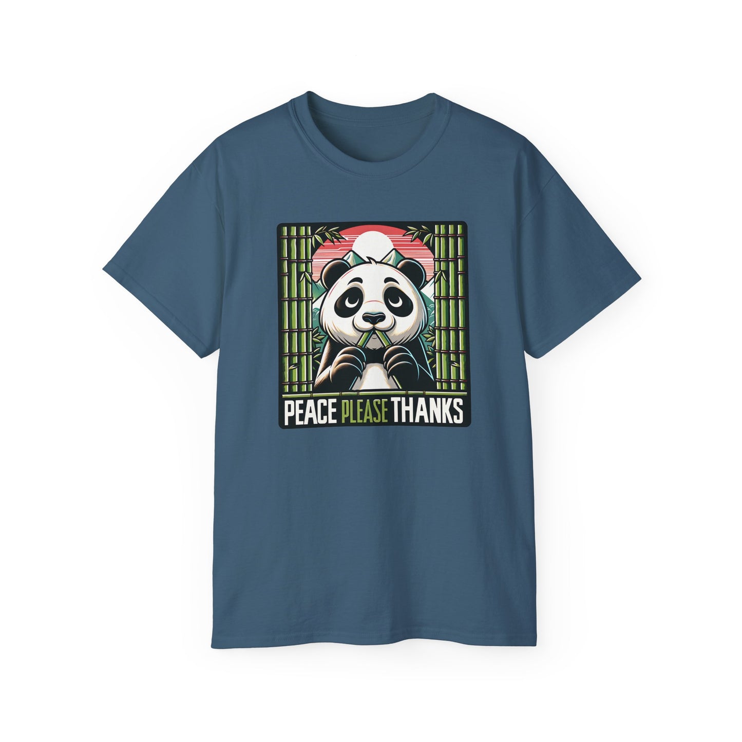 Indigo blue Unisex T-shirt with Wildlife conservation themed panda artwork with 'Peace Please Thanks' text, bamboo, and mountain elements