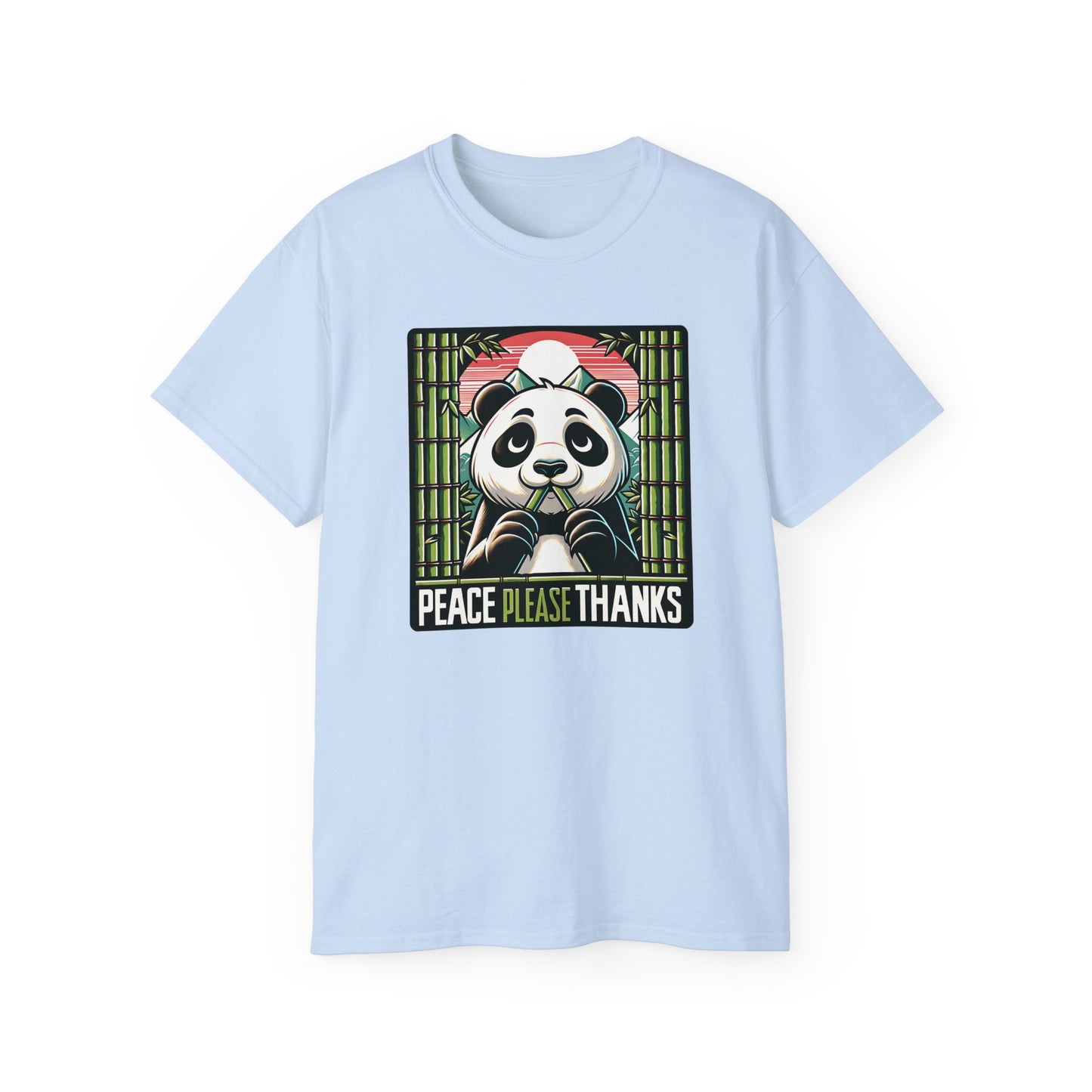 Light blue Unisex T-shirt with Wildlife conservation themed panda artwork with 'Peace Please Thanks' text, bamboo, and mountain elements