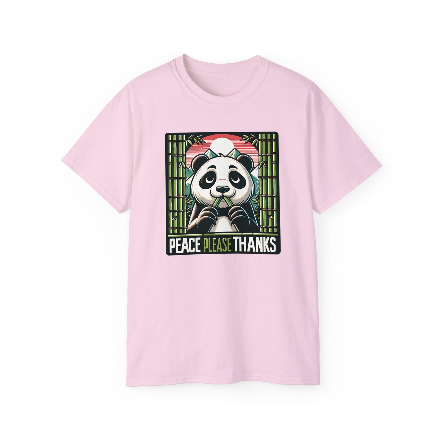 Light Pink Unisex T-shirt with Wildlife conservation themed panda artwork with 'Peace Please Thanks' text, bamboo, and mountain elements