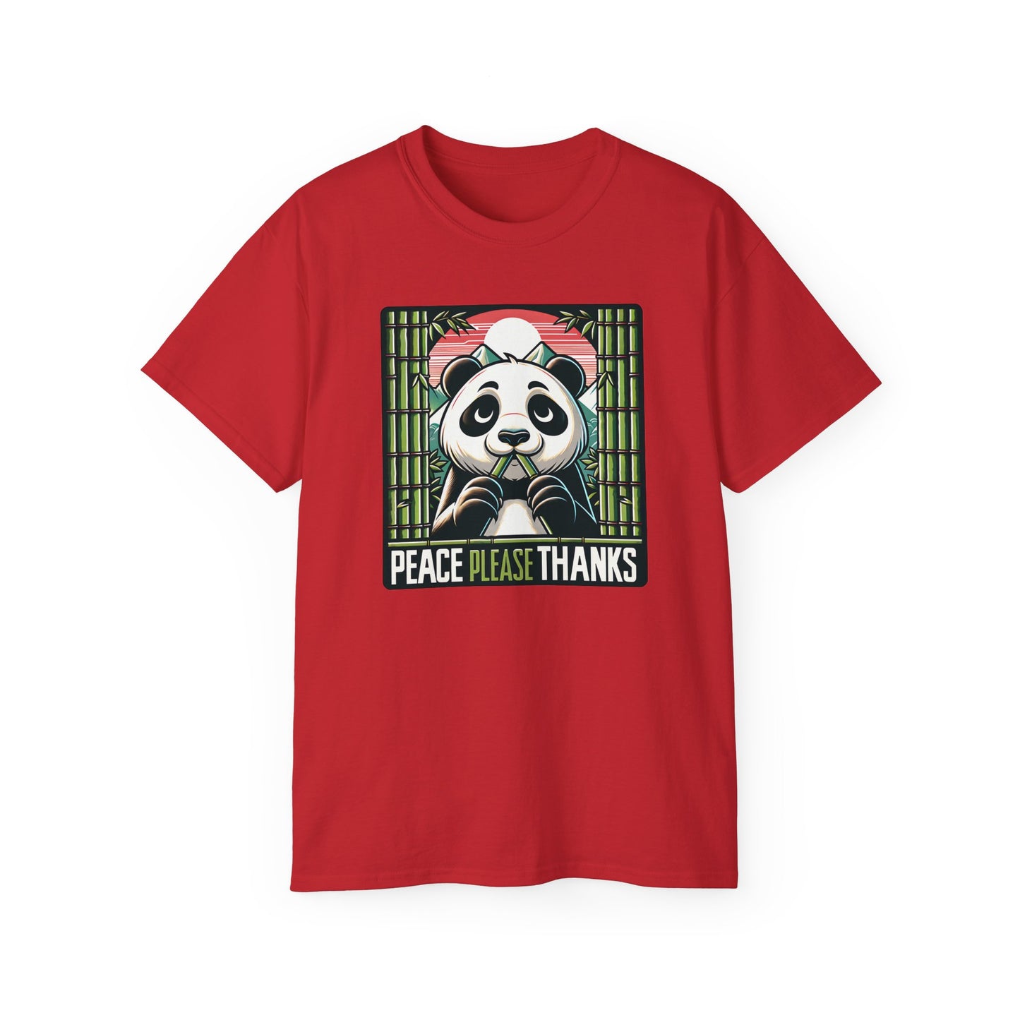 Red Unisex T-shirt with Wildlife conservation themed panda artwork with 'Peace Please Thanks' text, bamboo, and mountain elements