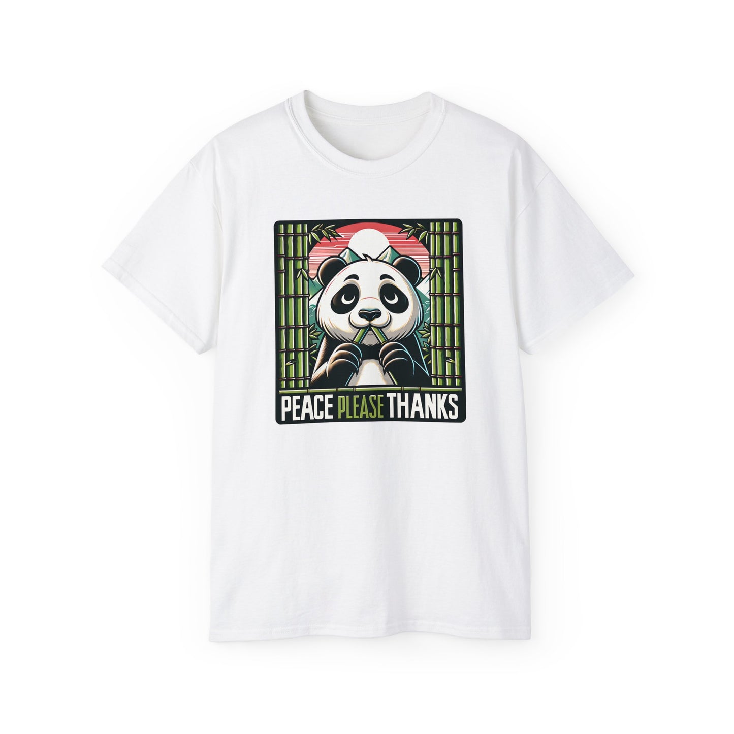 White Unisex T-shirt with Wildlife conservation themed panda artwork with 'Peace Please Thanks' text, bamboo, and mountain elements