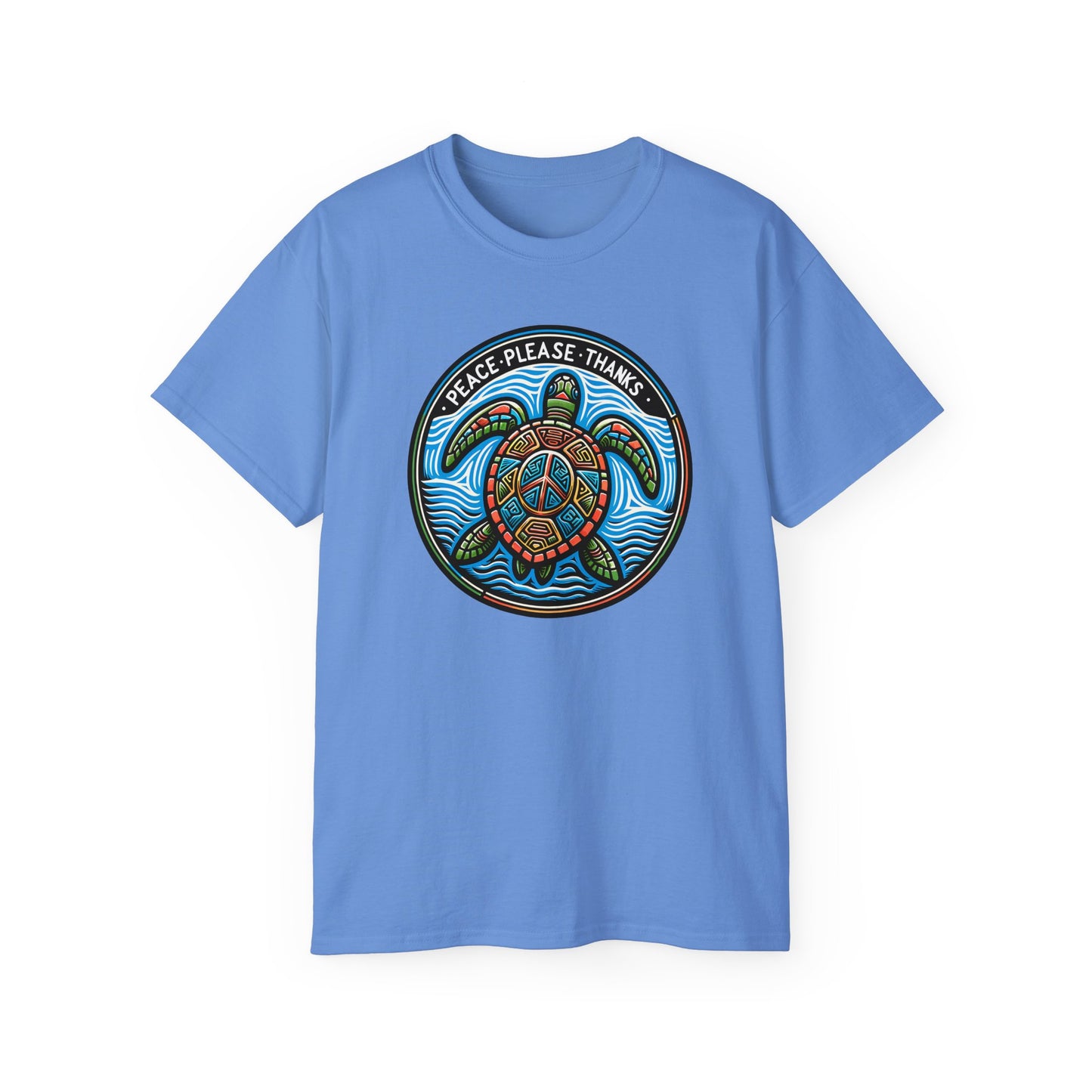 carolina blue Unisex T-shirt of  Artistic sea turtle swimming through waves, adorned with 'Peace Please Thanks' message in circular composition