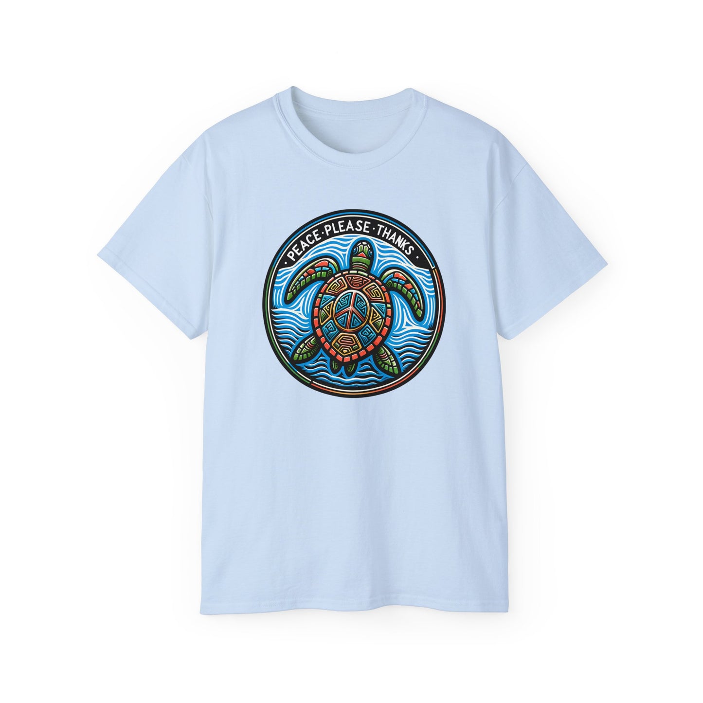 light blue Unisex T-shirt of Artistic sea turtle swimming through waves, adorned with 'Peace Please Thanks' message in circular composition