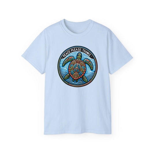 light blue Unisex T-shirt of Artistic sea turtle swimming through waves, adorned with 'Peace Please Thanks' message in circular composition