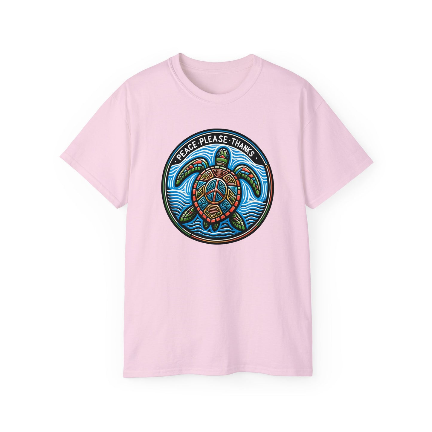 light pink Unisex T-shirt of Artistic sea turtle swimming through waves, adorned with 'Peace Please Thanks' message in circular composition