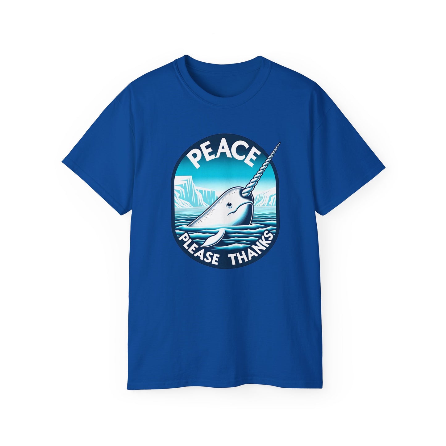 Royal Blue tshirt featuring tranquil narwhal design in Arctic waters with Peace Please Thank's brand message