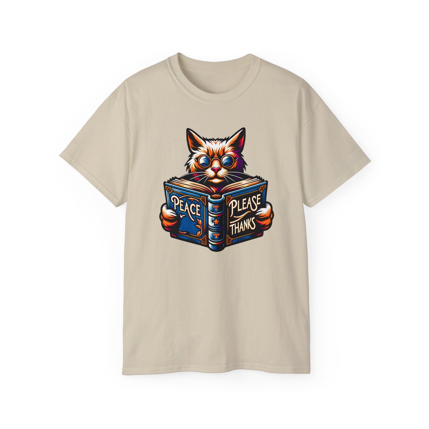 sand Tshirt of Cat, Book, Glasses, Orange fur, Purple background, Blue accents, Ornate design, Peace symbol, Literary theme, Psychedelic colors, Feline wisdom, Inspirational message, Vibrant artwork, Peaceful scene, Animal illustration, Artistic style, Flowing lines, Radiant design, Whimsical image, Intellectual cat, peace please thanks brand