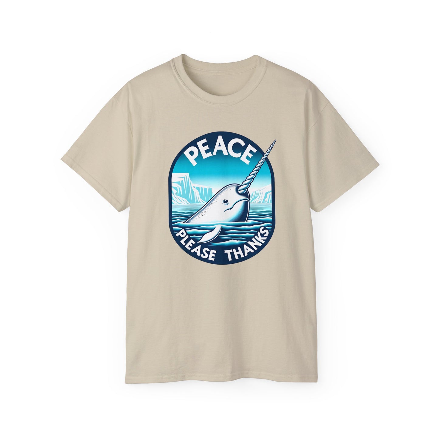 Peace Please Thanks sand tshirt of a Narwhal,Tusk, Arctic waters, Ice cliffs, Blue gradient, Circular frame, Peace symbol, Marine mammal, Icy landscape, Tranquil scene, Ocean creature, Environmental awareness, Peaceful message, Arctic wildlife, Cool colors, Serene design, Unique animal, Flowing lines, Inspirational artwork