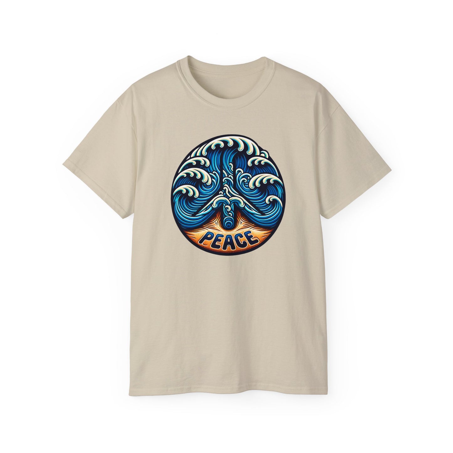 Sand colored Peace Please Thanks unisex t-shirt with captivating Shoreline Serenity design. Inclusive fit featuring ocean waves writing Peace on sandy beach, conveying tranquility and coastal beauty