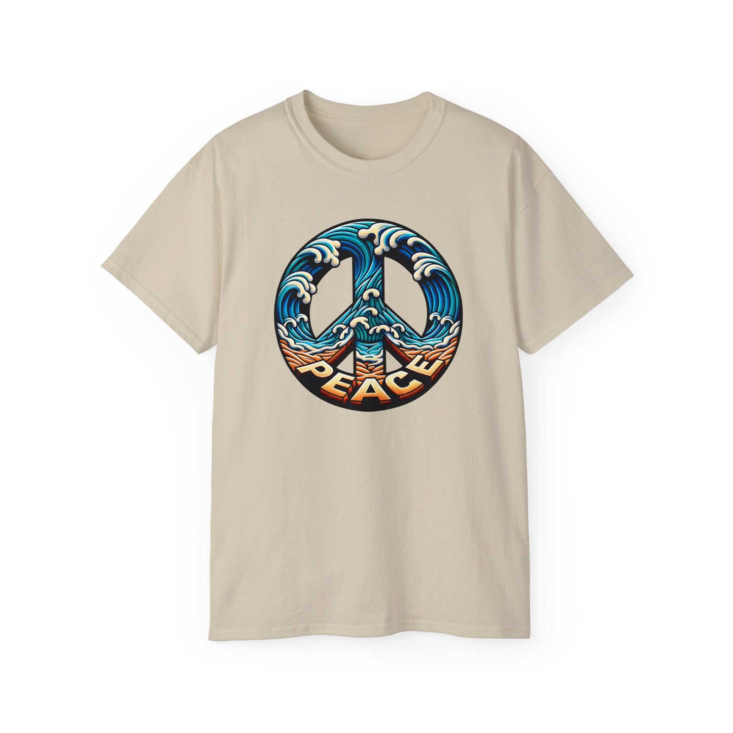 Sand colored unisex t-shirt of Tranquil shoreline design with peace symbol created by waves and sand, showcasing the Peace Please Thanks brand name in seaside themed illustration