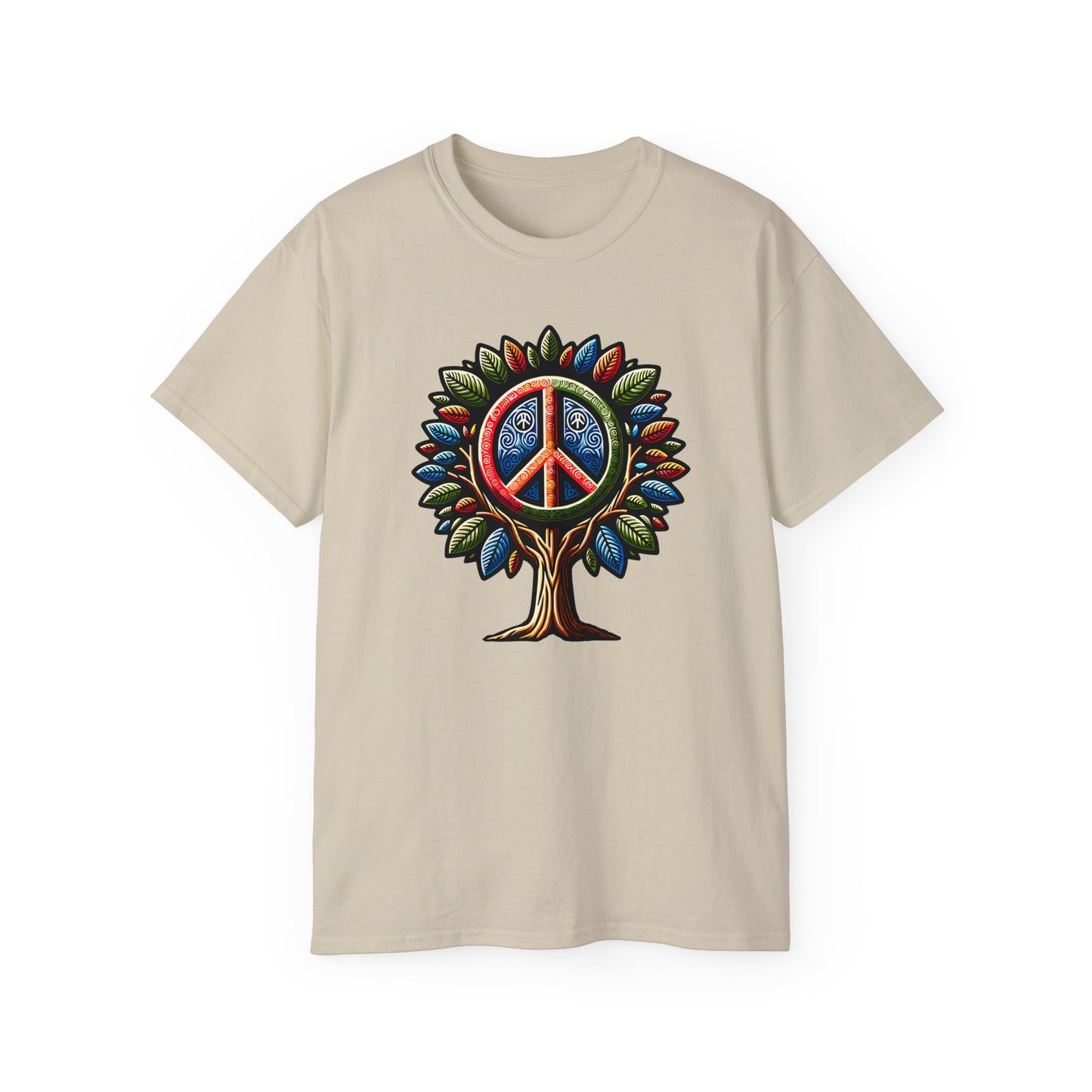 Sand Colored Peace Please Thanks unisex t-shirt with captivating Peace Tree design, casual fit featuring a stylized tree with peace symbol leaves, conveying environmental consciousness and harmony