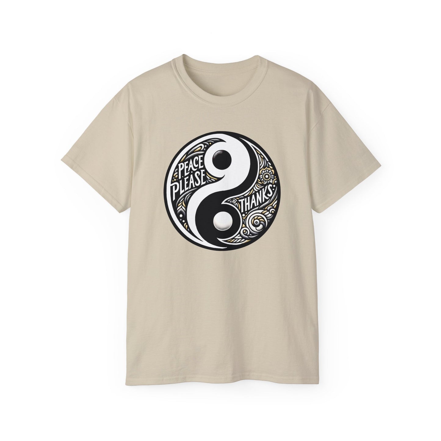 sand Unisex T-shirt featuring "Peace Please Thanks" in a striking Yin Yang Balance design, Black and white contrast with golden accents and artistic typography