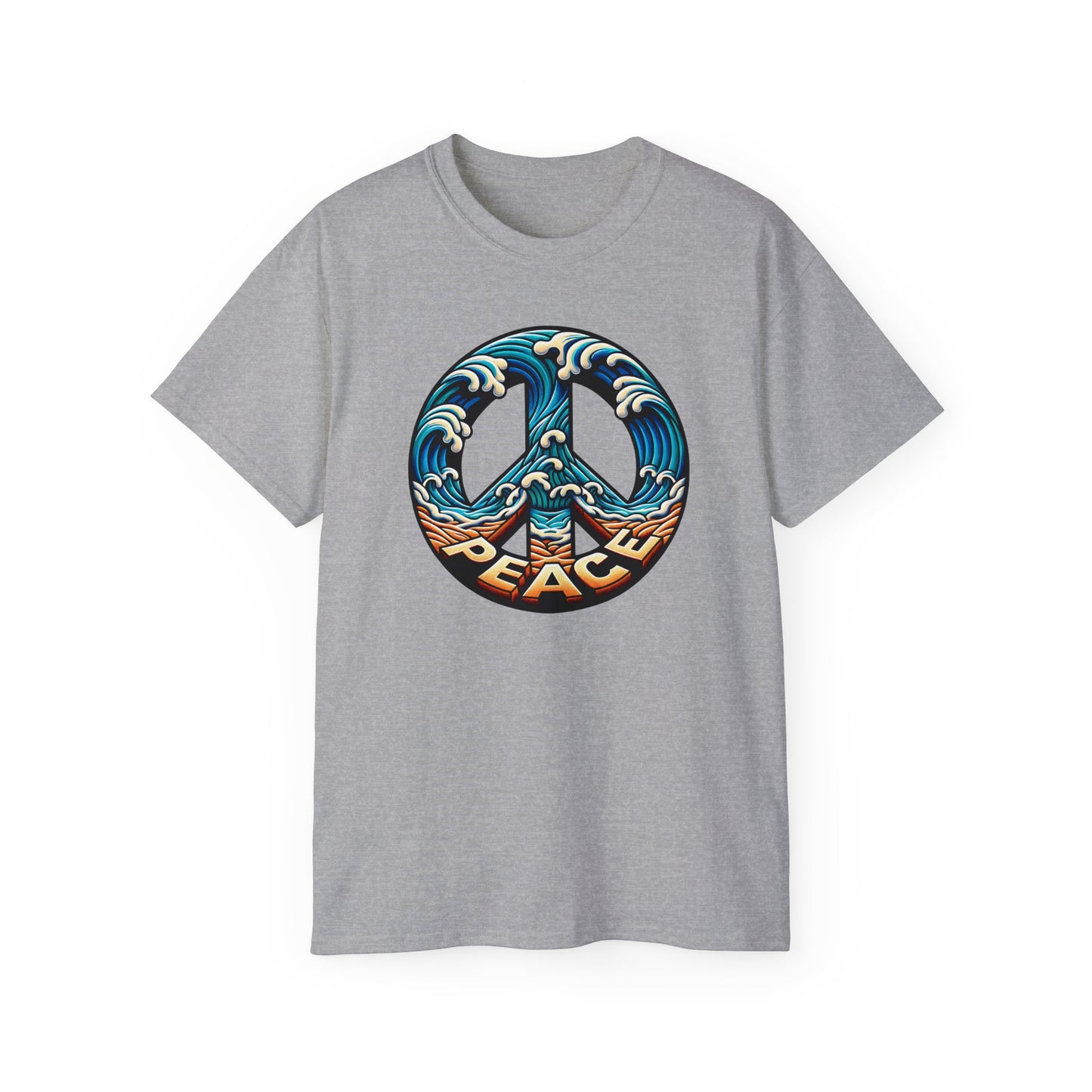 Sport Grey colored unisex t-shirt of Tranquil shoreline design with peace symbol created by waves and sand, showcasing the Peace Please Thanks brand name in seaside themed illustration