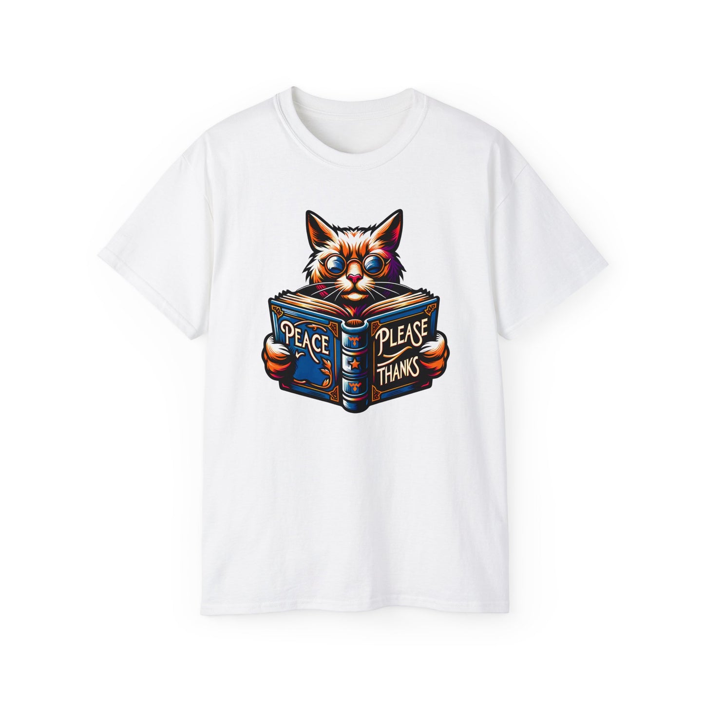 white Tshirt of Cat, Book, Glasses, Orange fur, Purple background, Blue accents, Ornate design, Peace symbol, Literary theme, Psychedelic colors, Feline wisdom, Inspirational message, Vibrant artwork, Peaceful scene, Animal illustration, Artistic style, Flowing lines, Radiant design, Whimsical image, Intellectual cat, peace please thanks brand