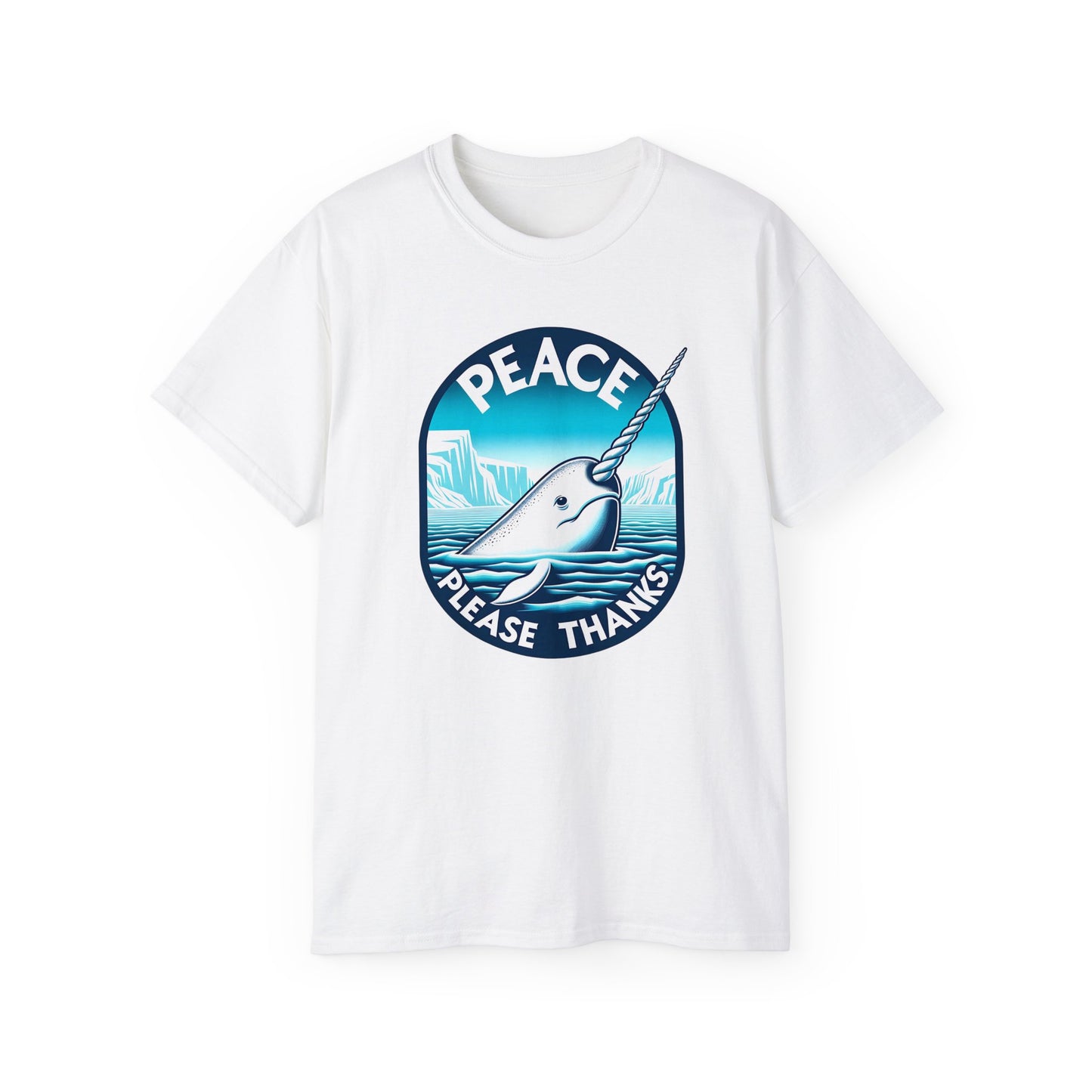 Peace Please Thanks white tshirt of a Narwhal,Tusk, Arctic waters, Ice cliffs, Blue gradient, Circular frame, Peace symbol, Marine mammal, Icy landscape, Tranquil scene, Ocean creature, Environmental awareness, Peaceful message, Arctic wildlife, Cool colors, Serene design, Unique animal, Flowing lines, Inspirational artwork