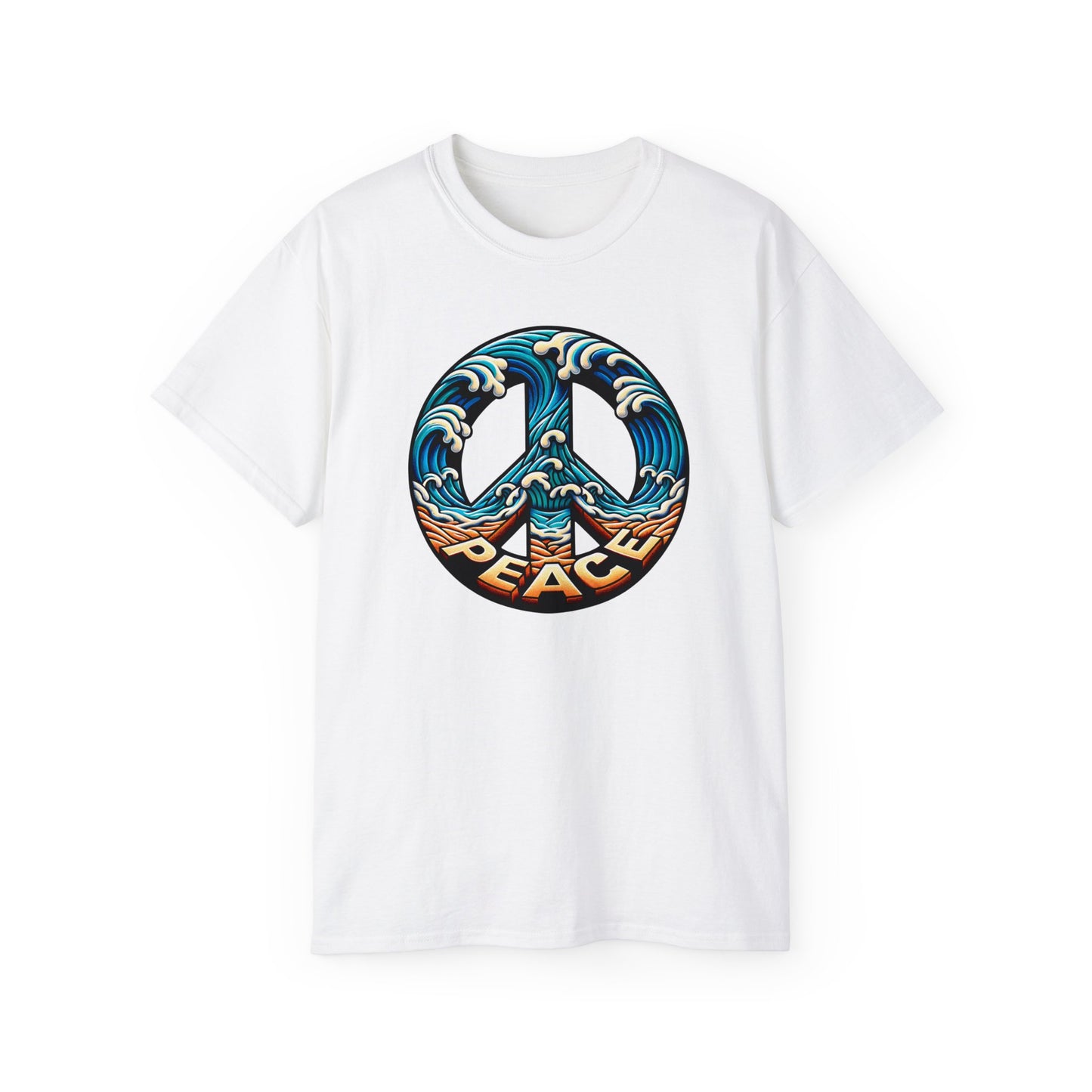 White colored unisex t-shirt of Tranquil shoreline design with peace symbol created by waves and sand, showcasing the Peace Please Thanks brand name in seaside themed illustration