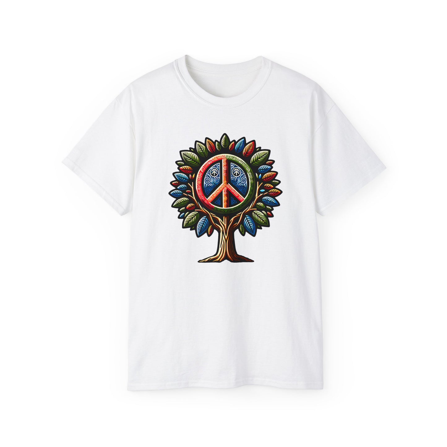 White Colored Peace Please Thanks unisex t-shirt with captivating Peace Tree design, casual fit featuring a stylized tree with peace symbol leaves, conveying environmental consciousness and harmony