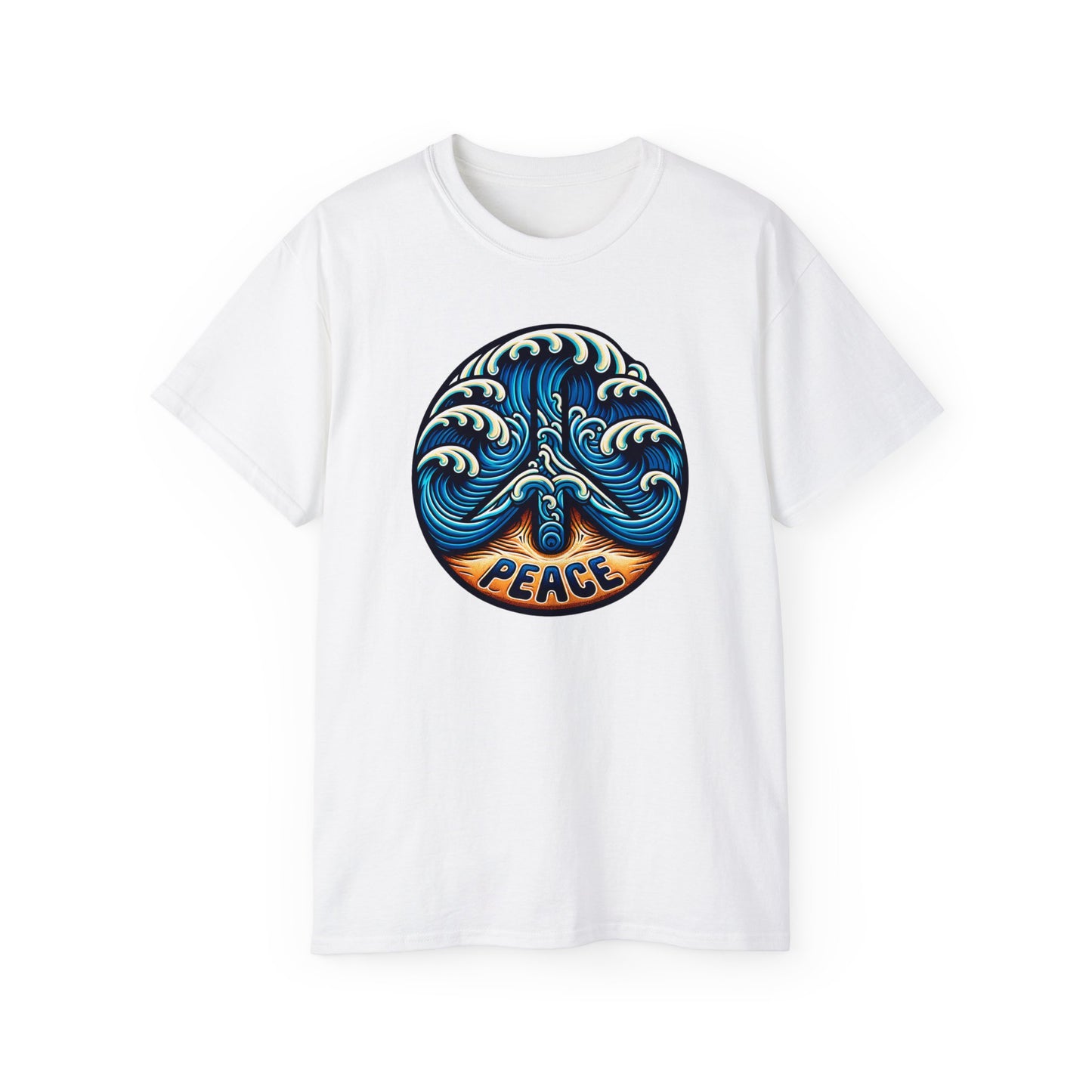 White Peace Please Thanks unisex t-shirt with captivating Shoreline Serenity design. Inclusive fit featuring ocean waves writing Peace on sandy beach, conveying tranquility and coastal beauty