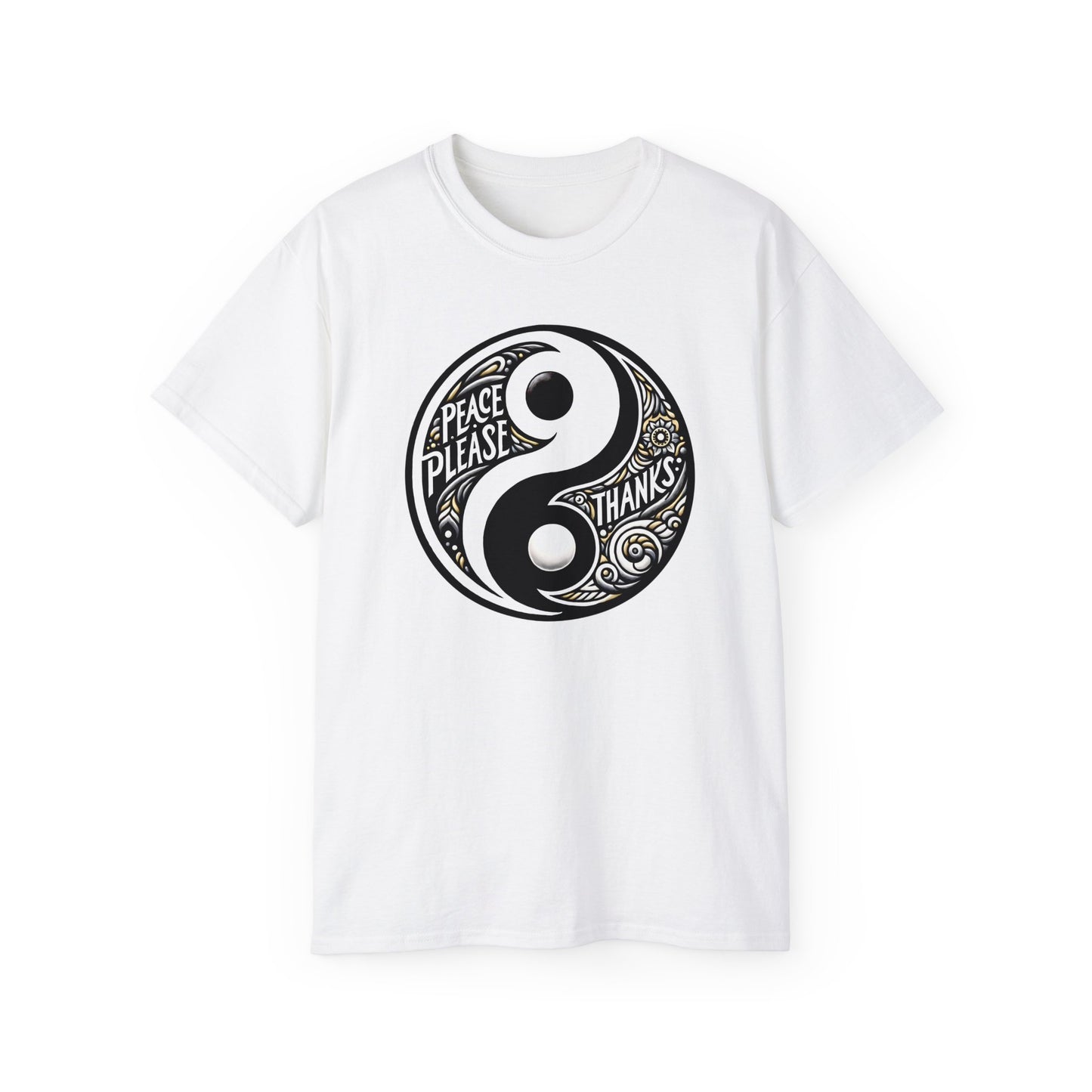 white Unisex T-shirt featuring "Peace Please Thanks" in a striking Yin Yang Balance design, Black and white contrast with golden accents and artistic typography